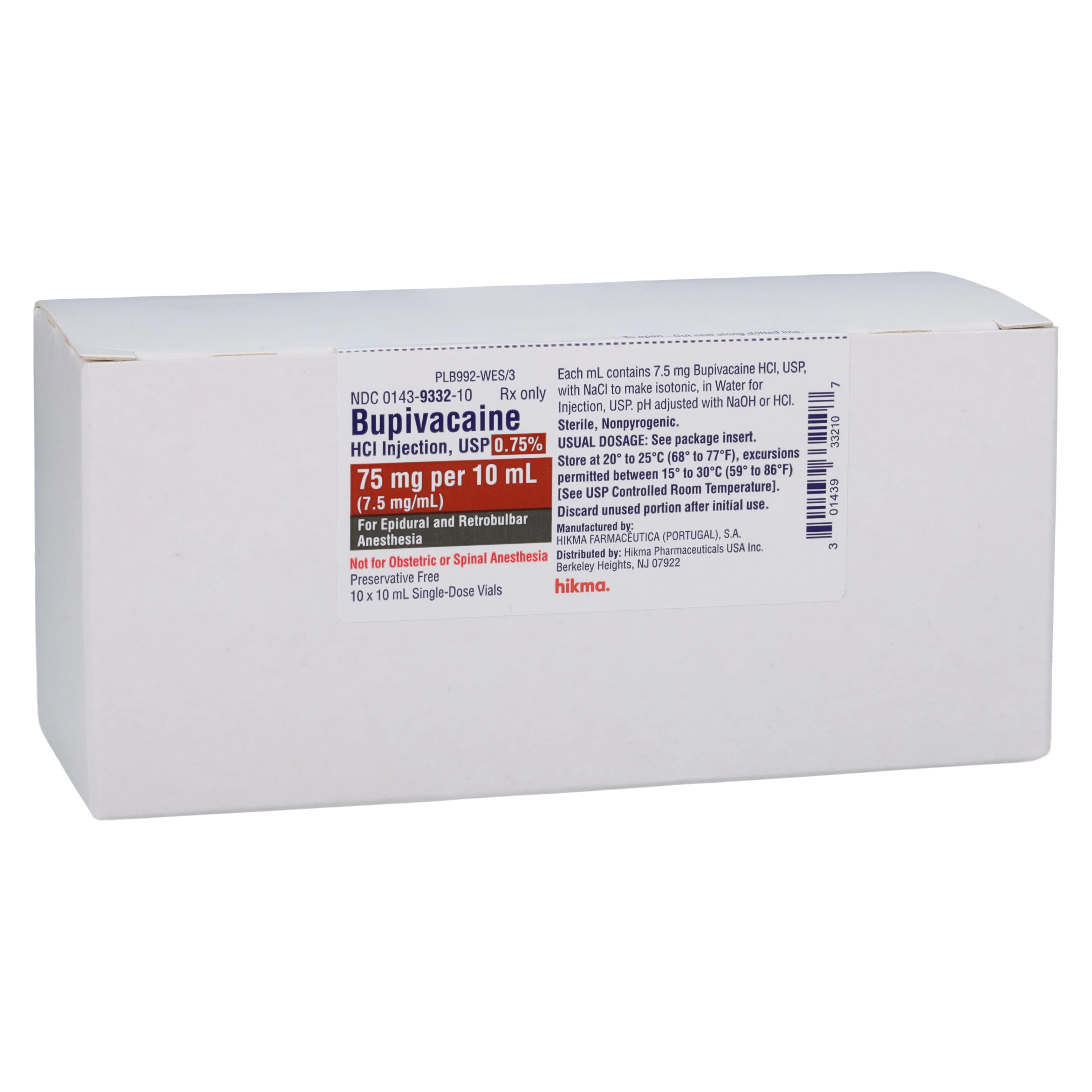 Bupivacaine HCl Injection 0.75% Preservative Free SDV 10mL (10/Package)