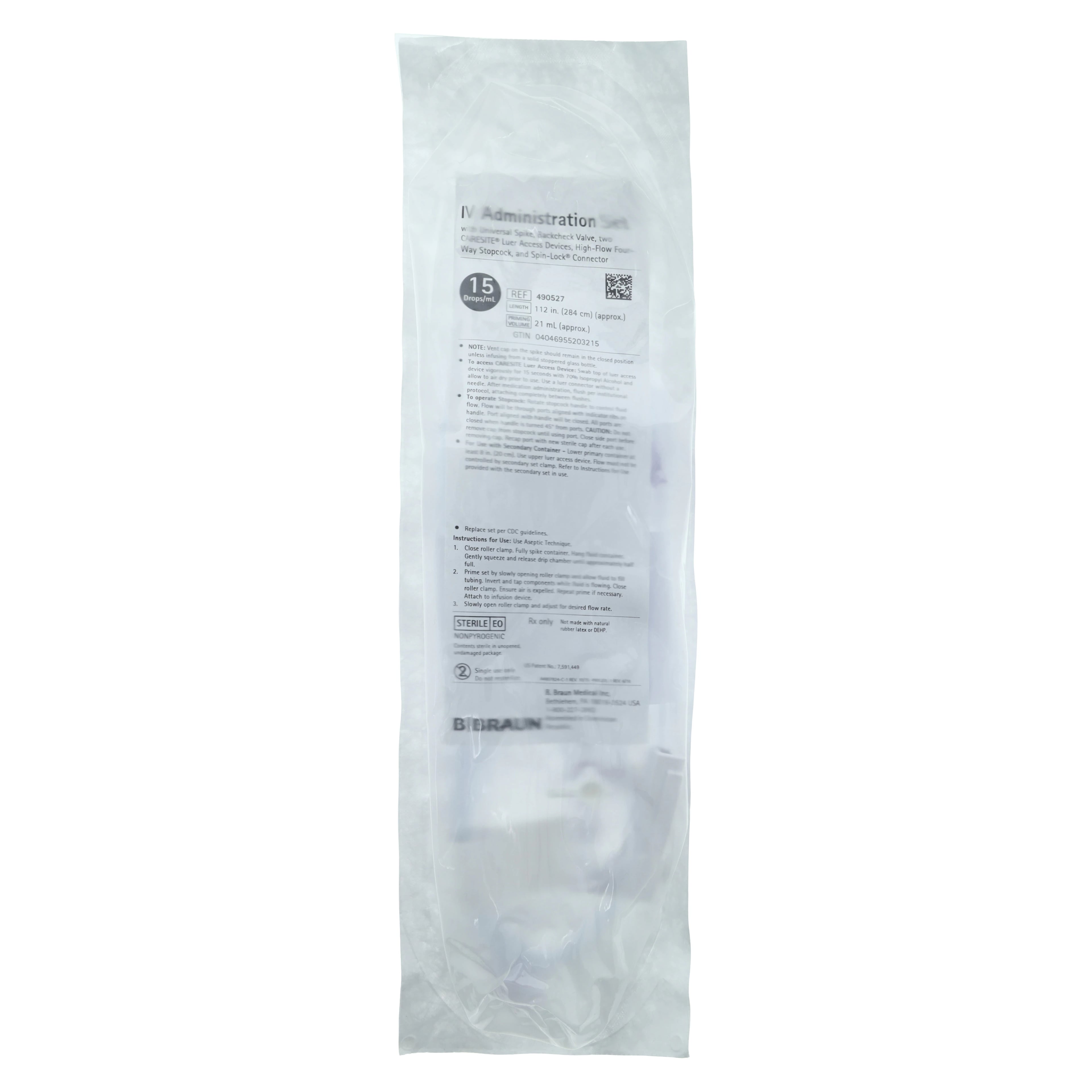 B. Braun IV Administration Set, Universal Spike, 2 Injection Sites, 15 Drops/mL, 112" Tubing, Sterile, Latex-Free, 24/Case