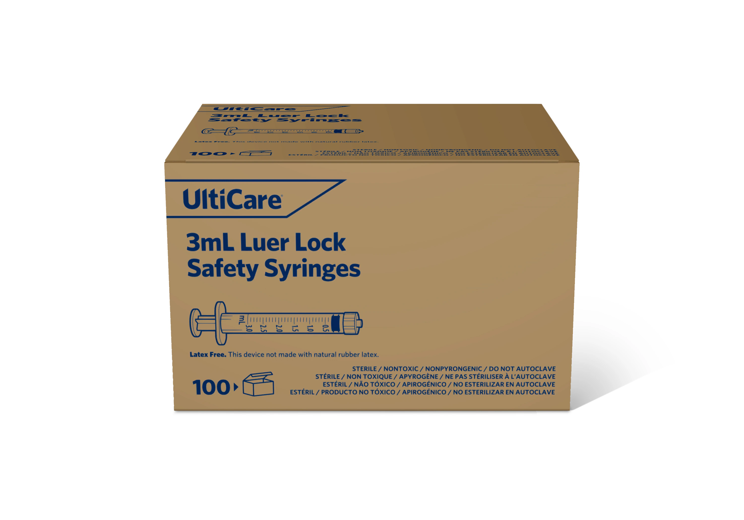 Ultimed UltiCare Safety Syringe, 3mL, Clear, Luer Lock, No Dead Space, Sterile, Latex-Free, 500/Case