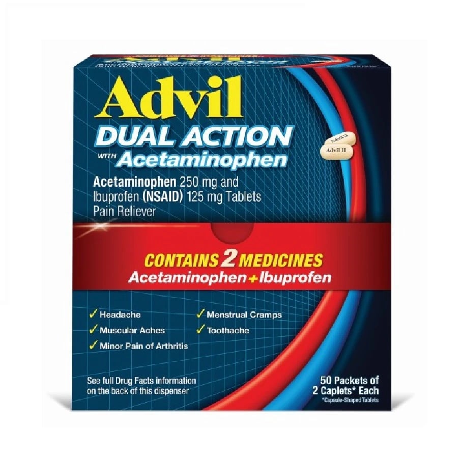 Advil Dual Action Coated Caplets with Acetaminophen, 250 mg Ibuprofen / 500 mg Acetaminophen Per Dose, 2 Caplets x 50 Box