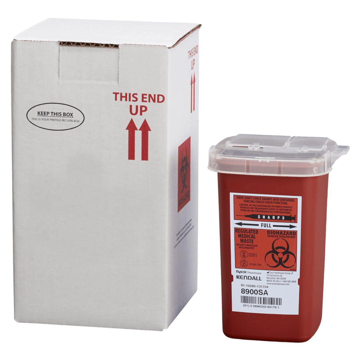 Mailback Sharps Container, 1 Quart, Red, Biohazard Disposal