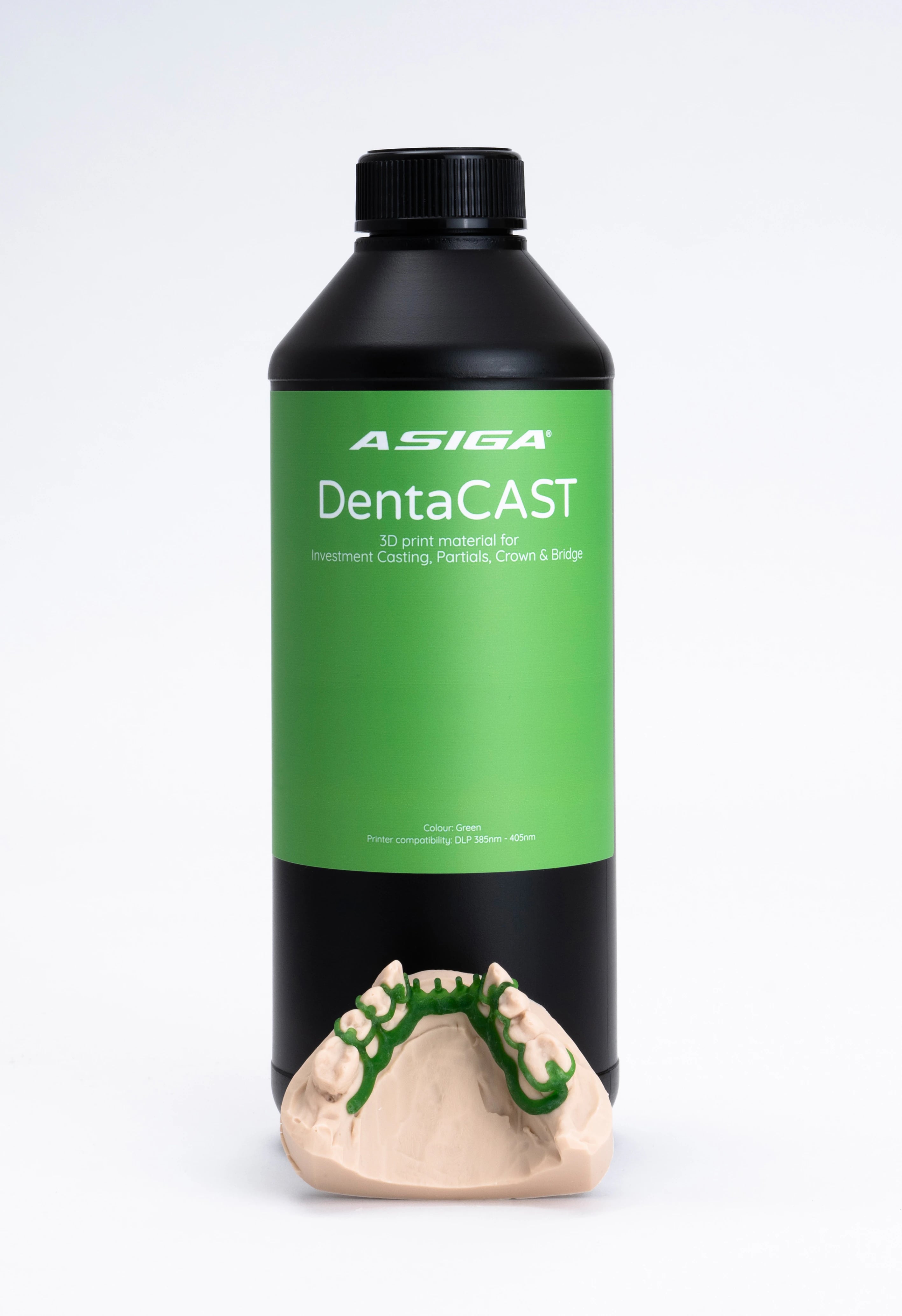 Asiga DentaCAST 3D Print Resin, Crown Green, Ash-Free Direct Casting Material, 1 kg Bottle
