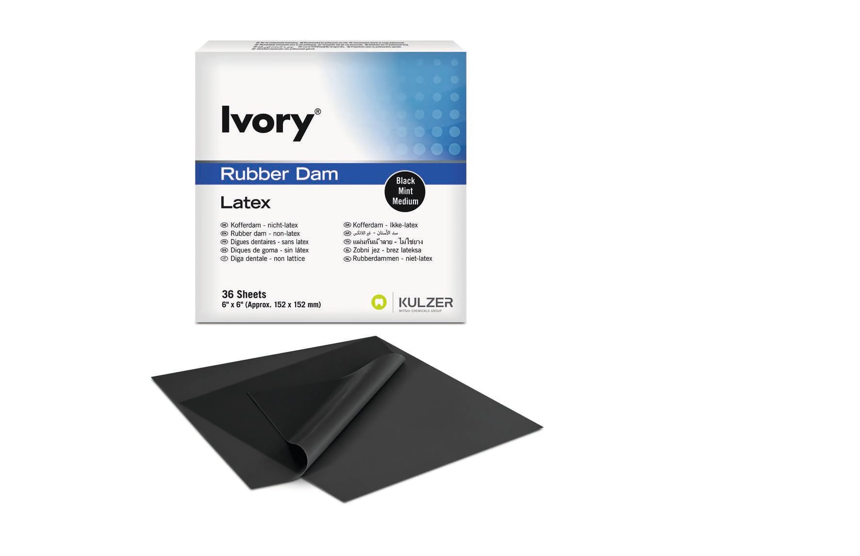 Ivory Rubber Dam, 6 x 6 in, Medium Gauge, Latex, Black, Mint, 36/Box, 66094056