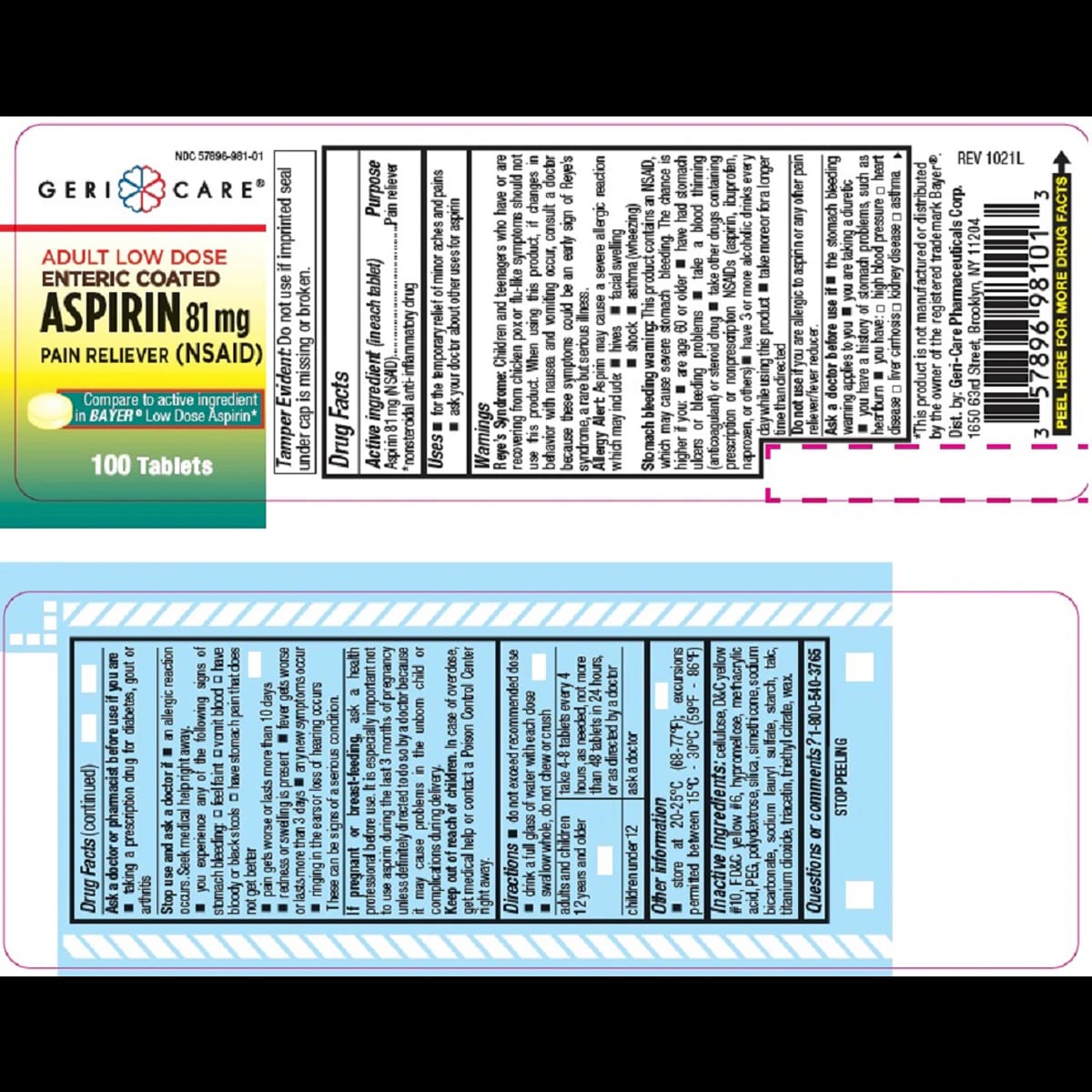 Geri-Care Aspirin EC Adult Low Dose Tablets, 81 mg, Enteric Coated, 100/Bottle