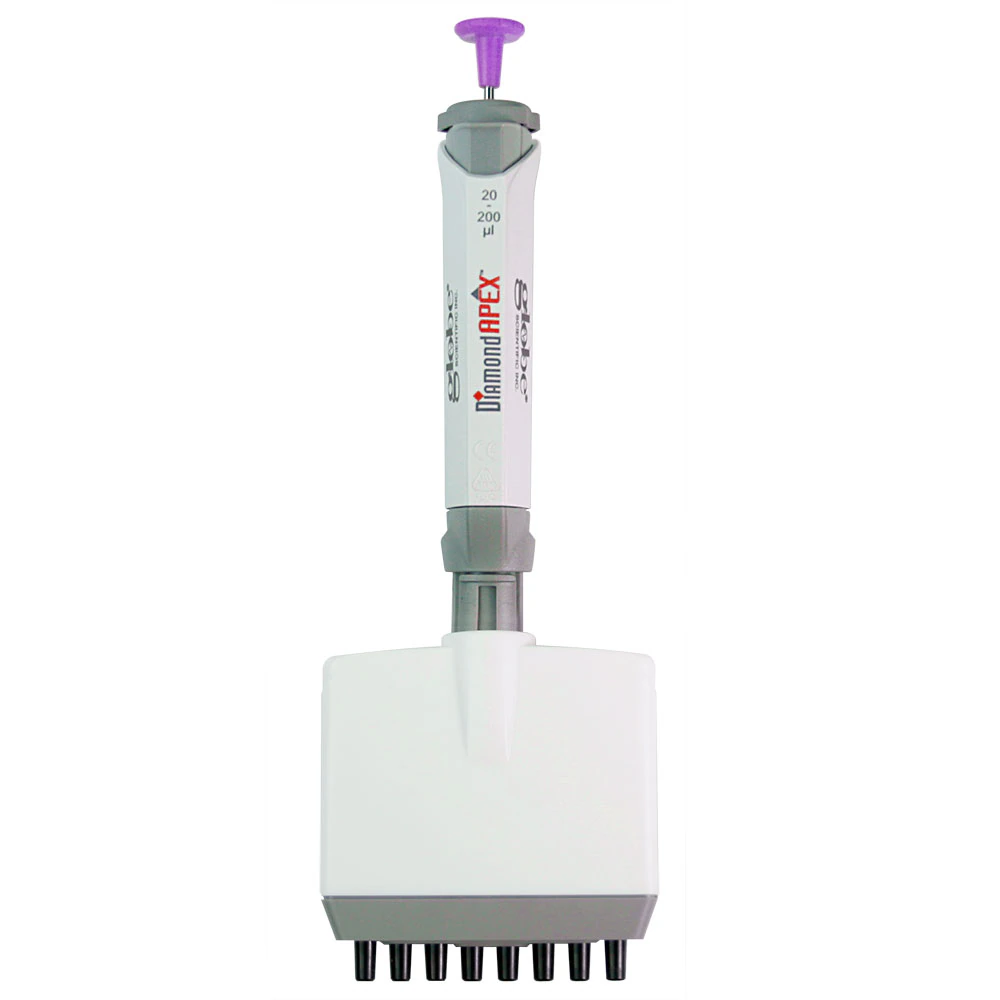 Globe Scientific Diamond Apex 8-Channel Adjustable-Volume Pipette, 30-300 µL, Orange, Autoclavable