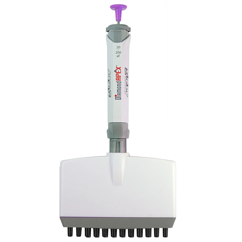 Globe Scientific Diamond Apex 12-Channel Pipette, 10-100 µL, Blue, Fully Autoclavable