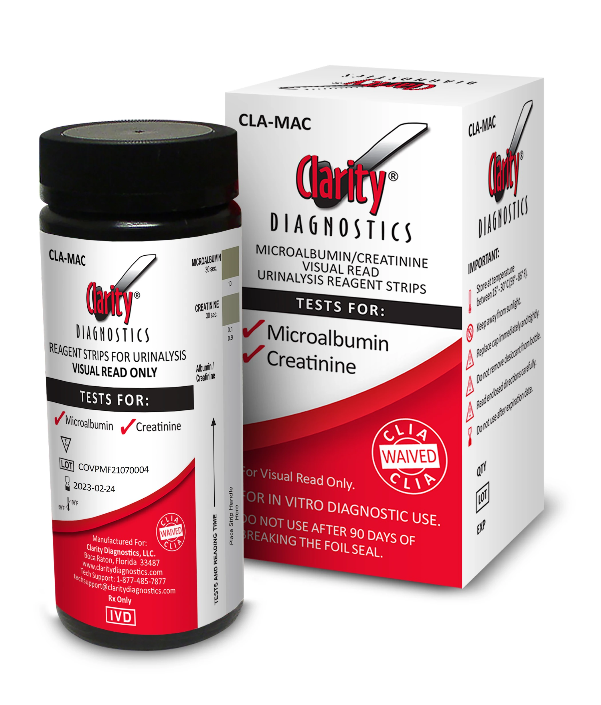 Clarity mALB Microalbumin/Creatinine Test Strips, CLIA Waived, Visual Read, 25/Box