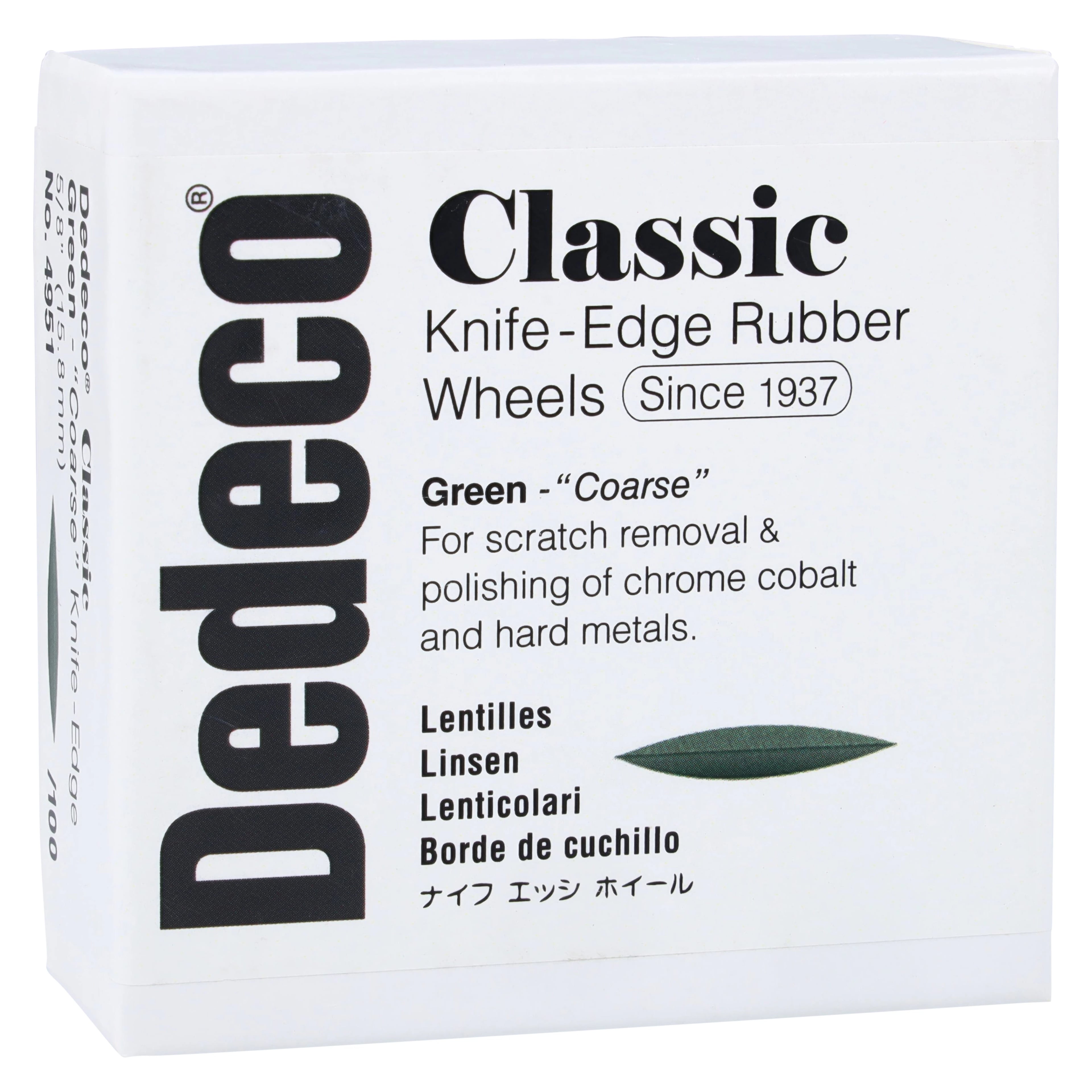 Dedeco Green Classic Knife-Edge Rubber Wheels, 5/8", Coarse, 100/Box, 4951