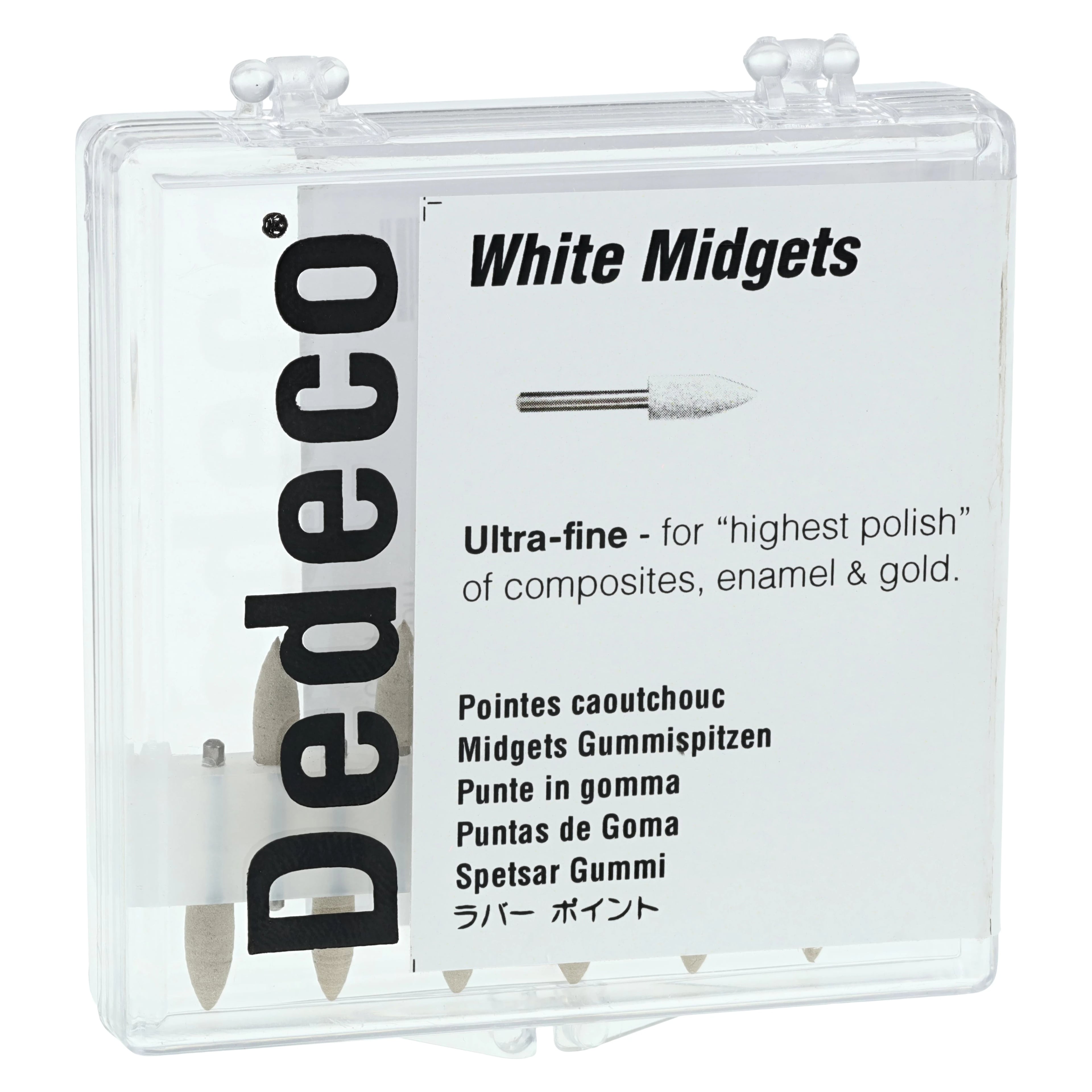 Dedeco Classic Midget Polishers, White, Shape #138, Ultra-Fine, FG (Friction Grip) 1/16" Shank, 12/Box, UPC 792818347834