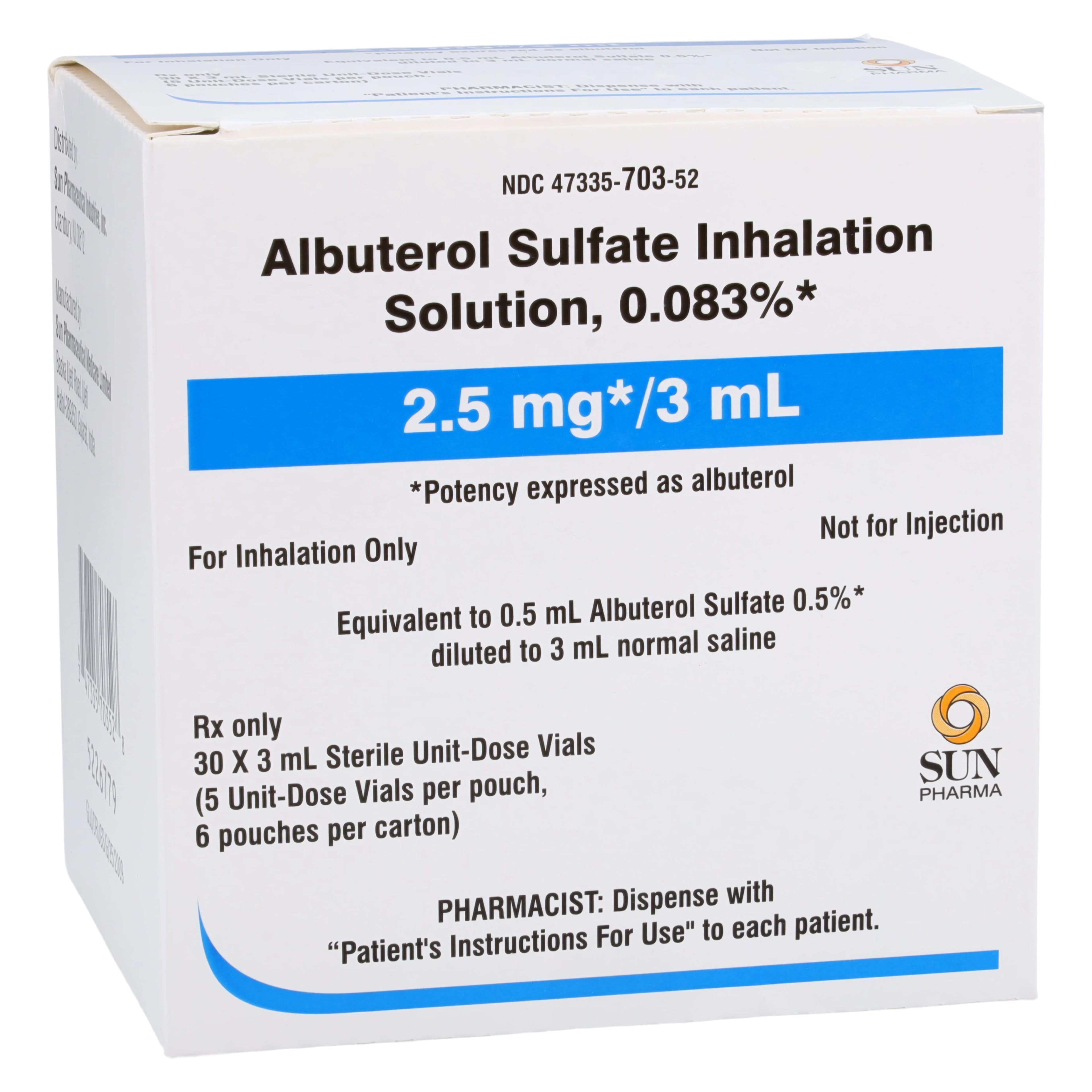 Albuterol Sulfate Inhalation Solution 0.083%, Sterile Vial, 3mL, 30/Package