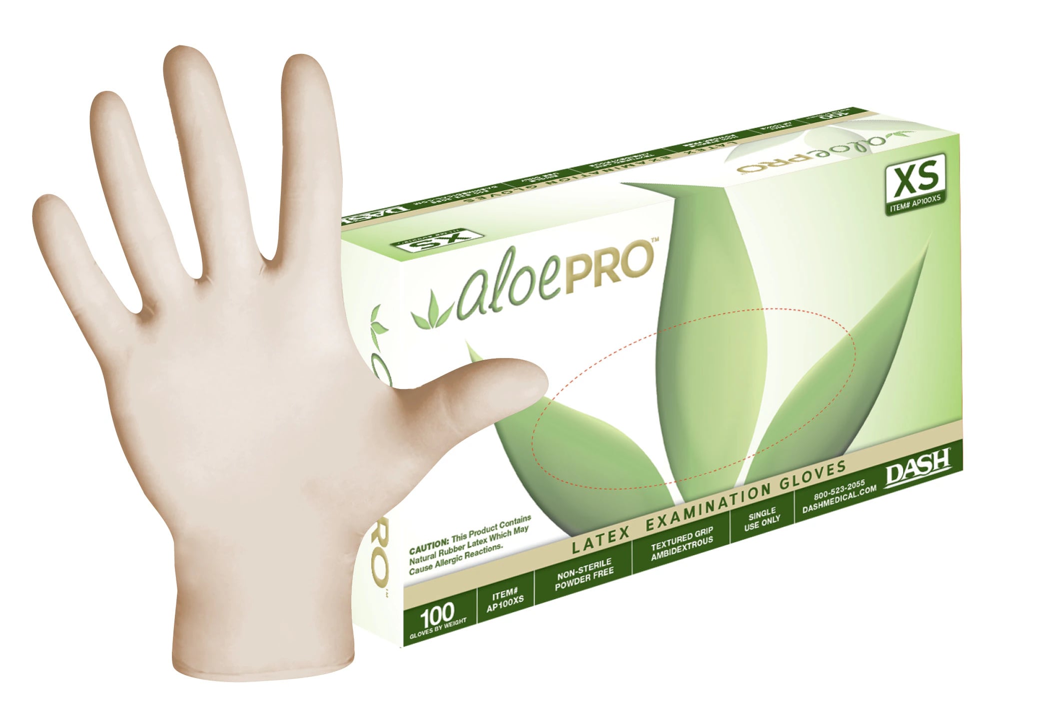 AloePRO™ Latex Examination Gloves, Powder Free, Textured, Non-Sterile, Extra Small, 100/Box, AP100XS