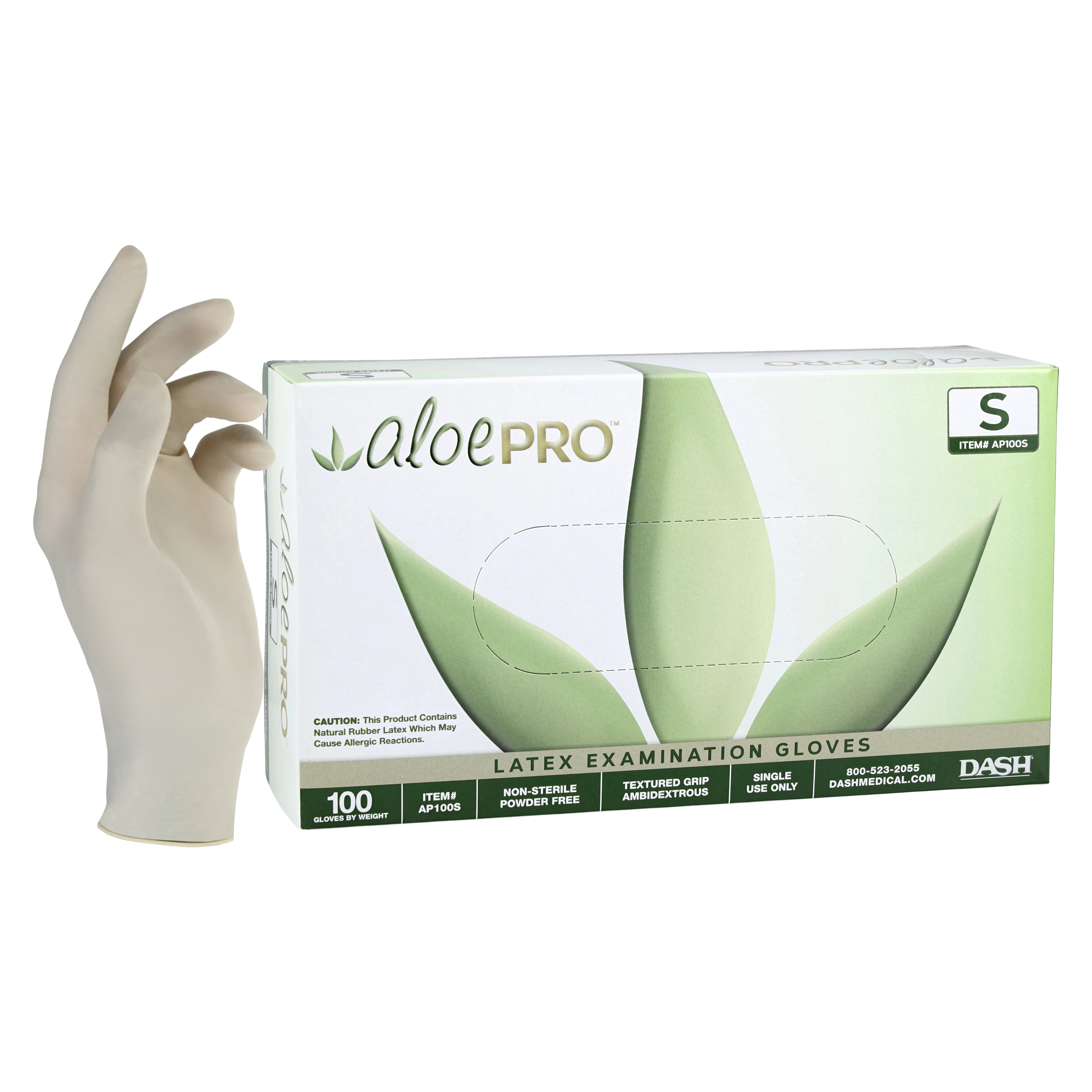 AloePRO Latex Examination Gloves, Powder-Free, Textured, Non-Sterile, Small, Natural, 100/Box, AP100S
