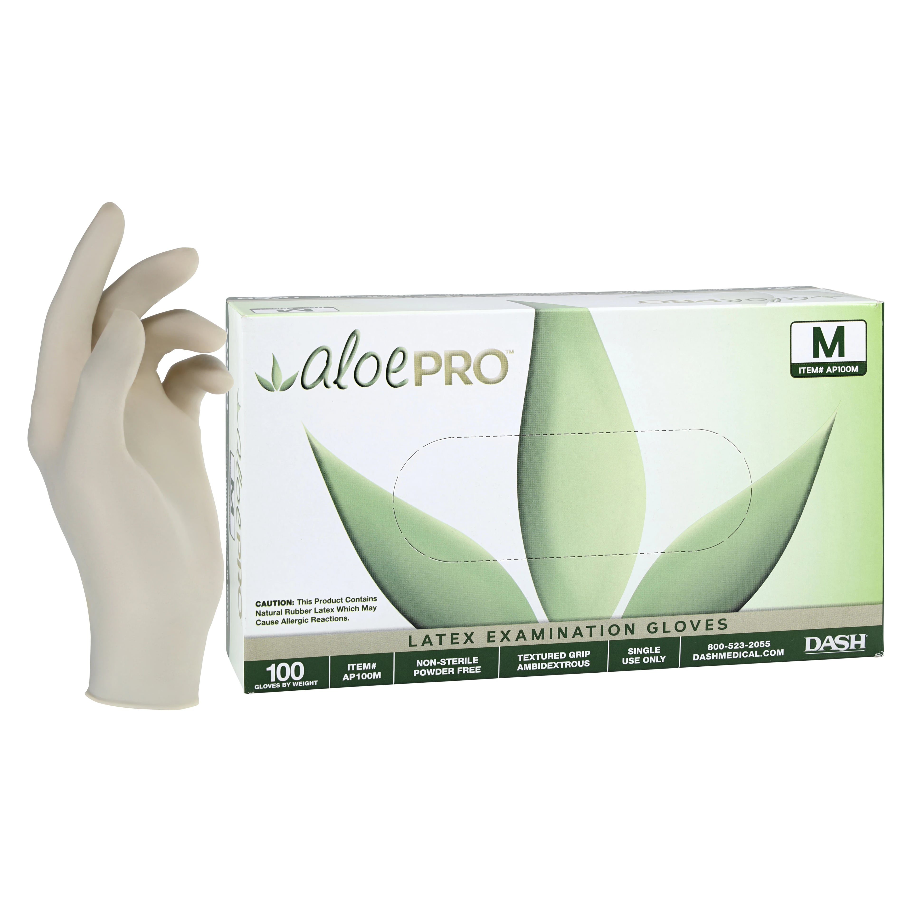 AloePRO™ Latex Examination Gloves, Powder Free, Textured, Non-Sterile, Medium, Natural, 100/Box, AP100M