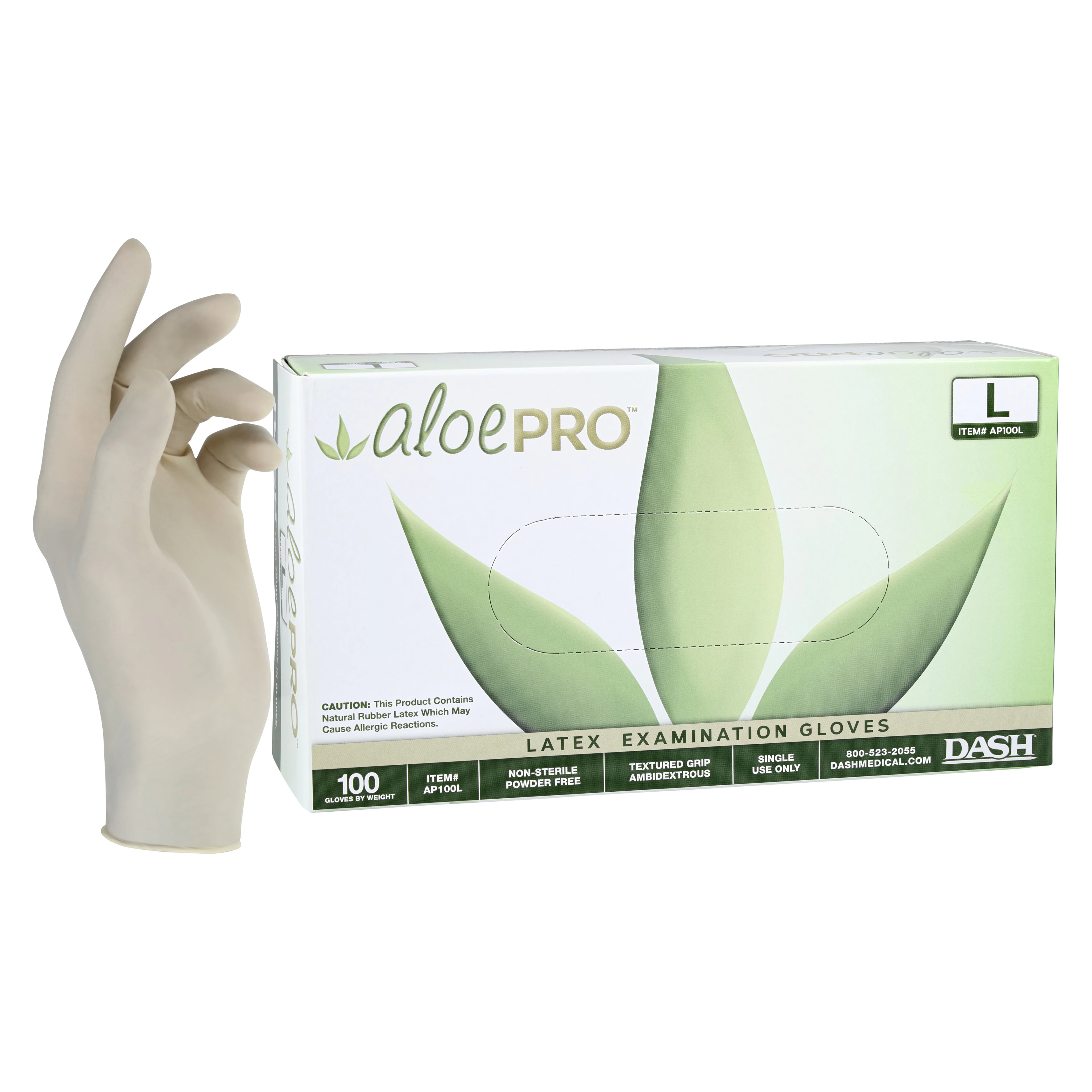 AloePRO Powder-Free Textured Latex Examination Gloves, Large, 100/Box, AP100L