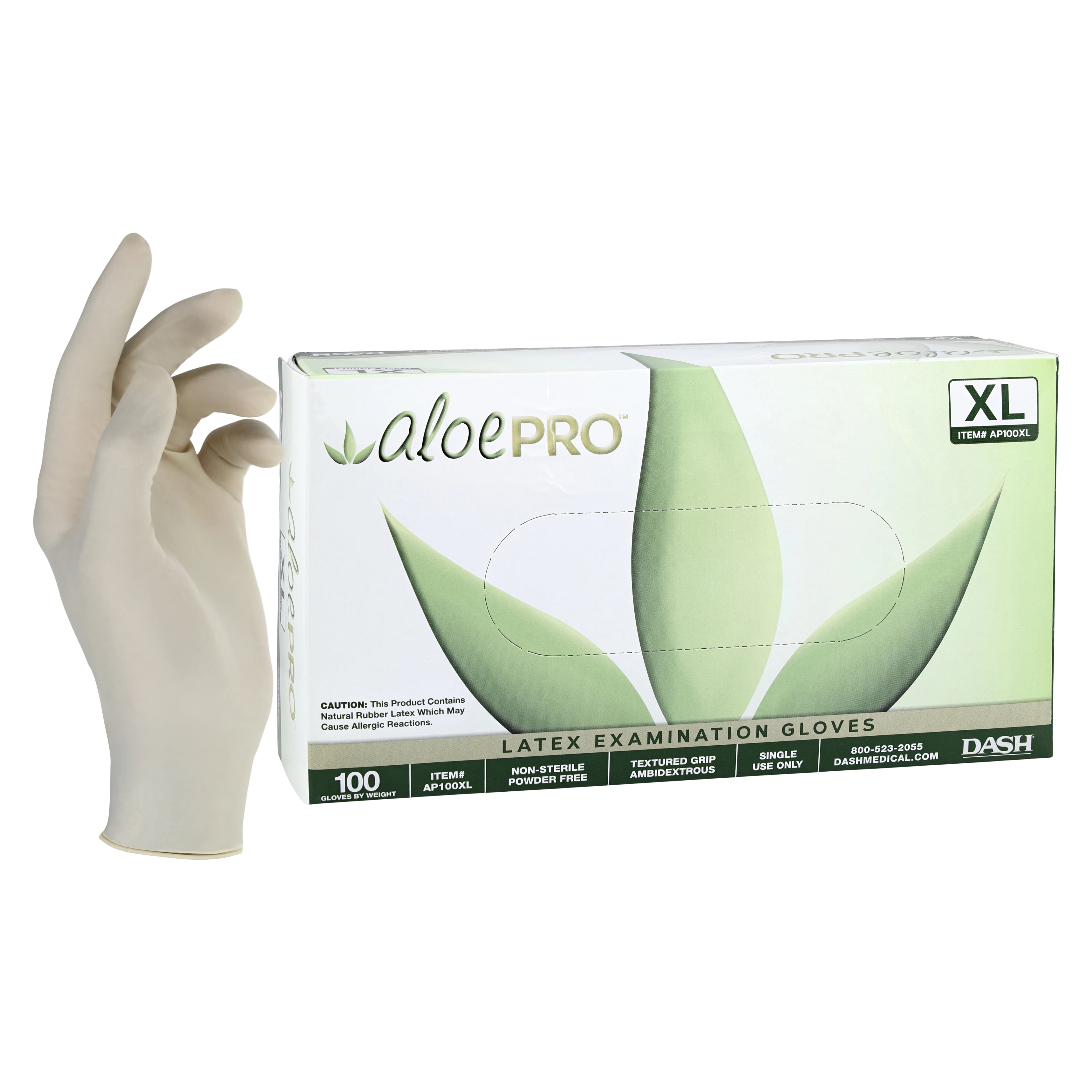 AloePRO™ Latex Examination Gloves, Powder Free, Textured, Extra Large, Natural, 100/Box, AP100XL
