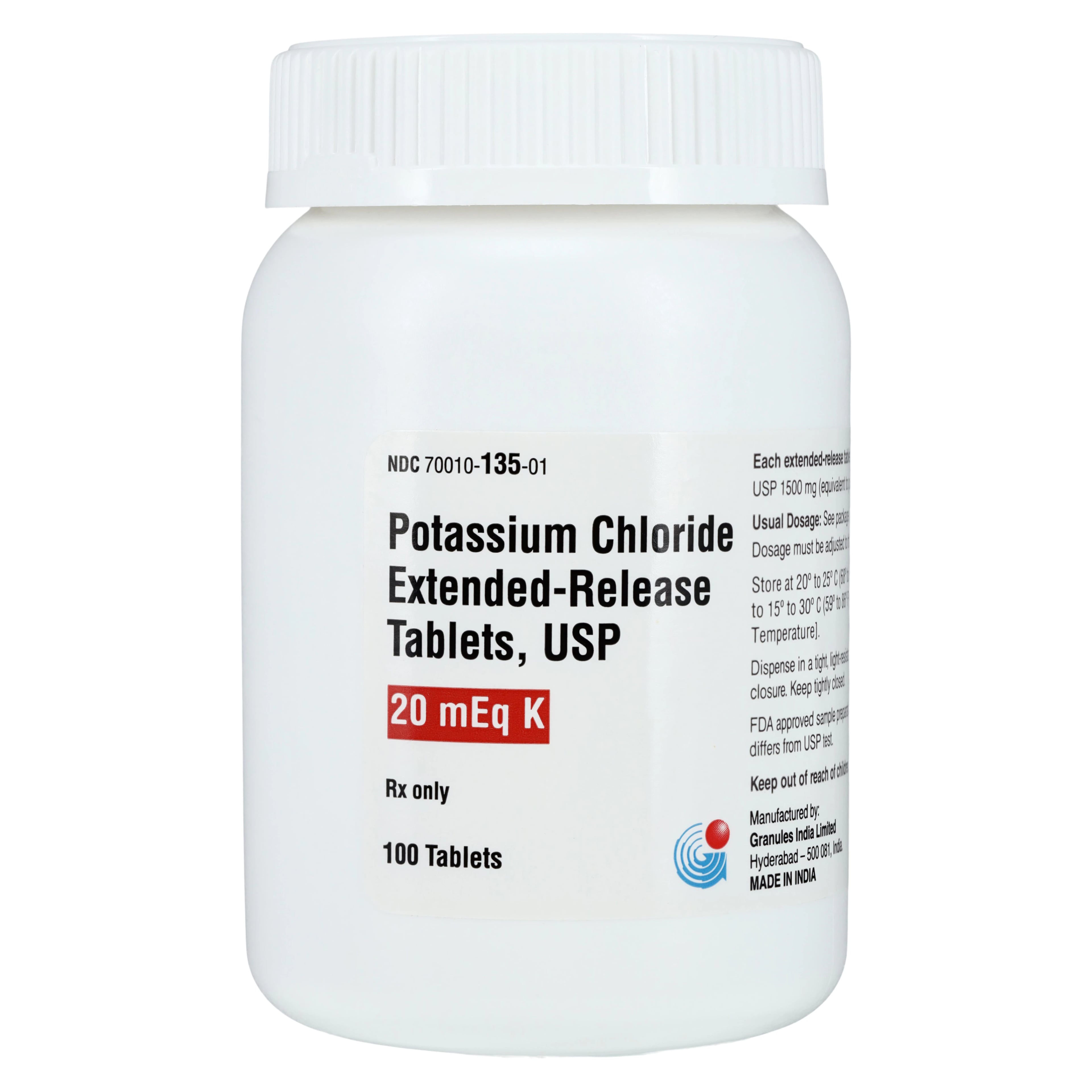Potassium Chloride ER Tablets, 20mEq, 100/Bottle