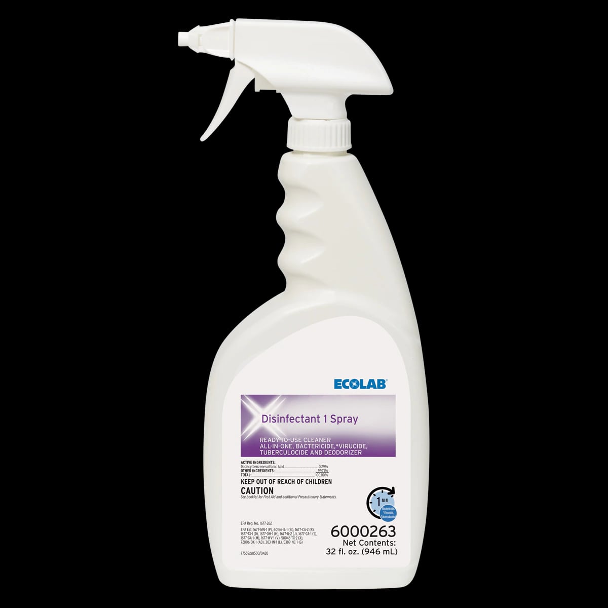 Ecolab Disinfectant 1 Spray, 32 oz Spray Bottle, Ready-To-Use, Hospital Grade Disinfectant Cleaner