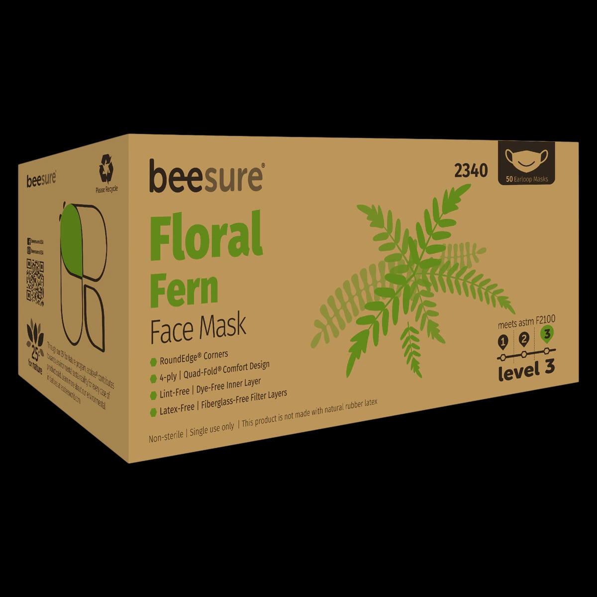 BeeSure Floral Design ASTM Level 3 Earloop Face Mask, Fern Green, 50/Box, BE2340