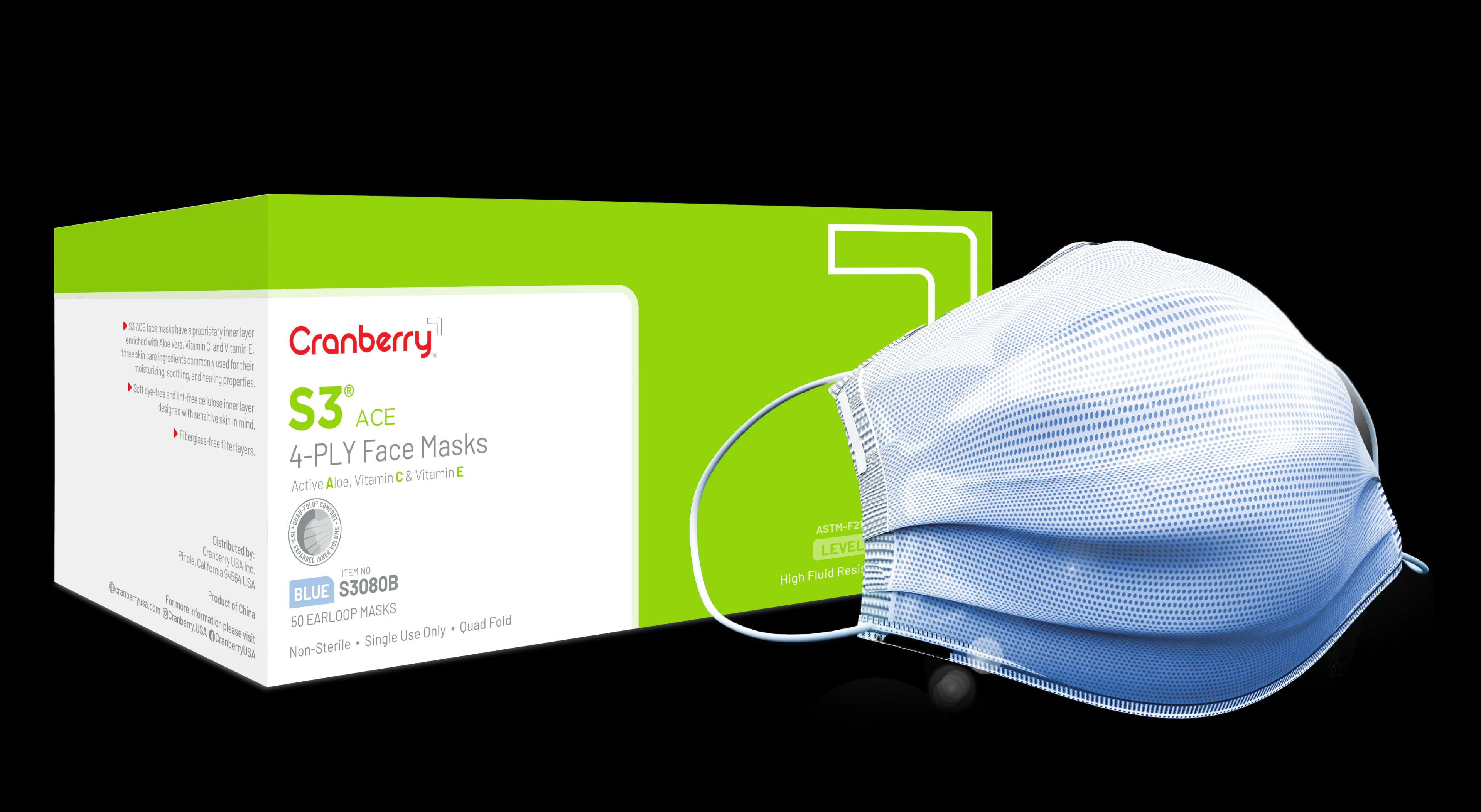 Cranberry S3 ACE Level 3 Earloop Face Mask, Blue, 50/Box, S3080B