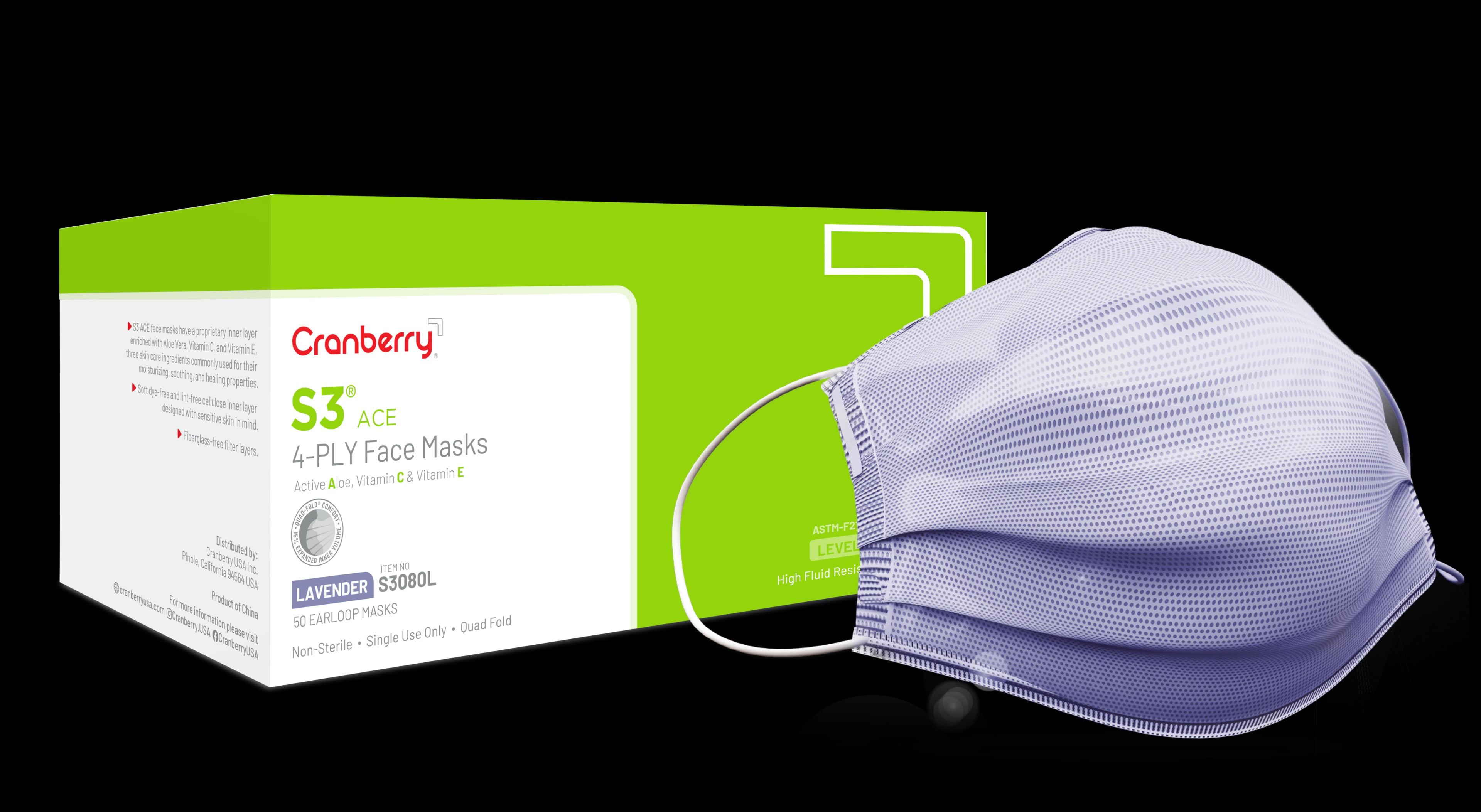 Cranberry S3 ACE ASTM Level 3 Earloop Face Mask, Lavender, 50/Box, S3080L