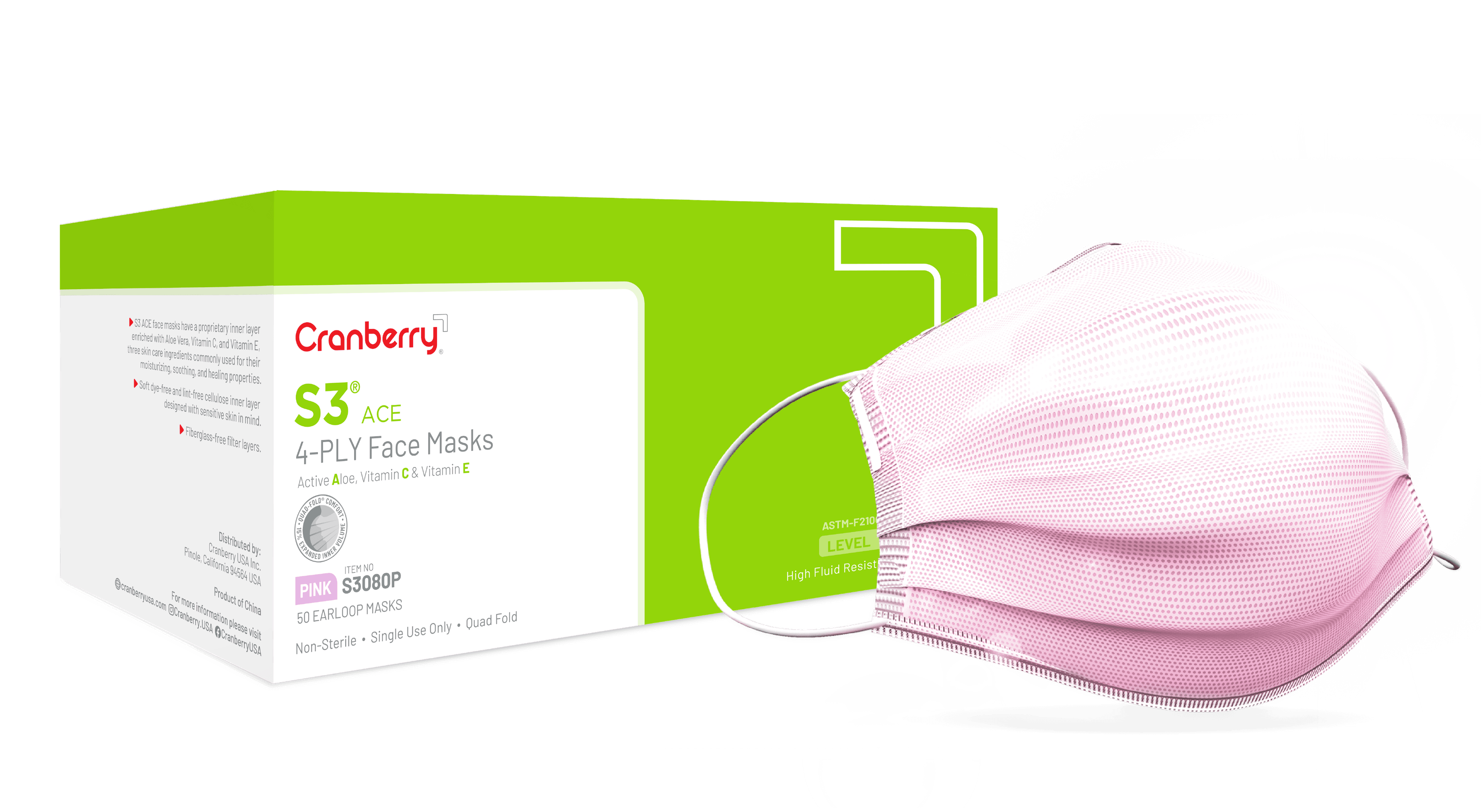 Cranberry S3 ACE Earloop Face Mask, ASTM Level 3, Pink, 50/Box, S3080P