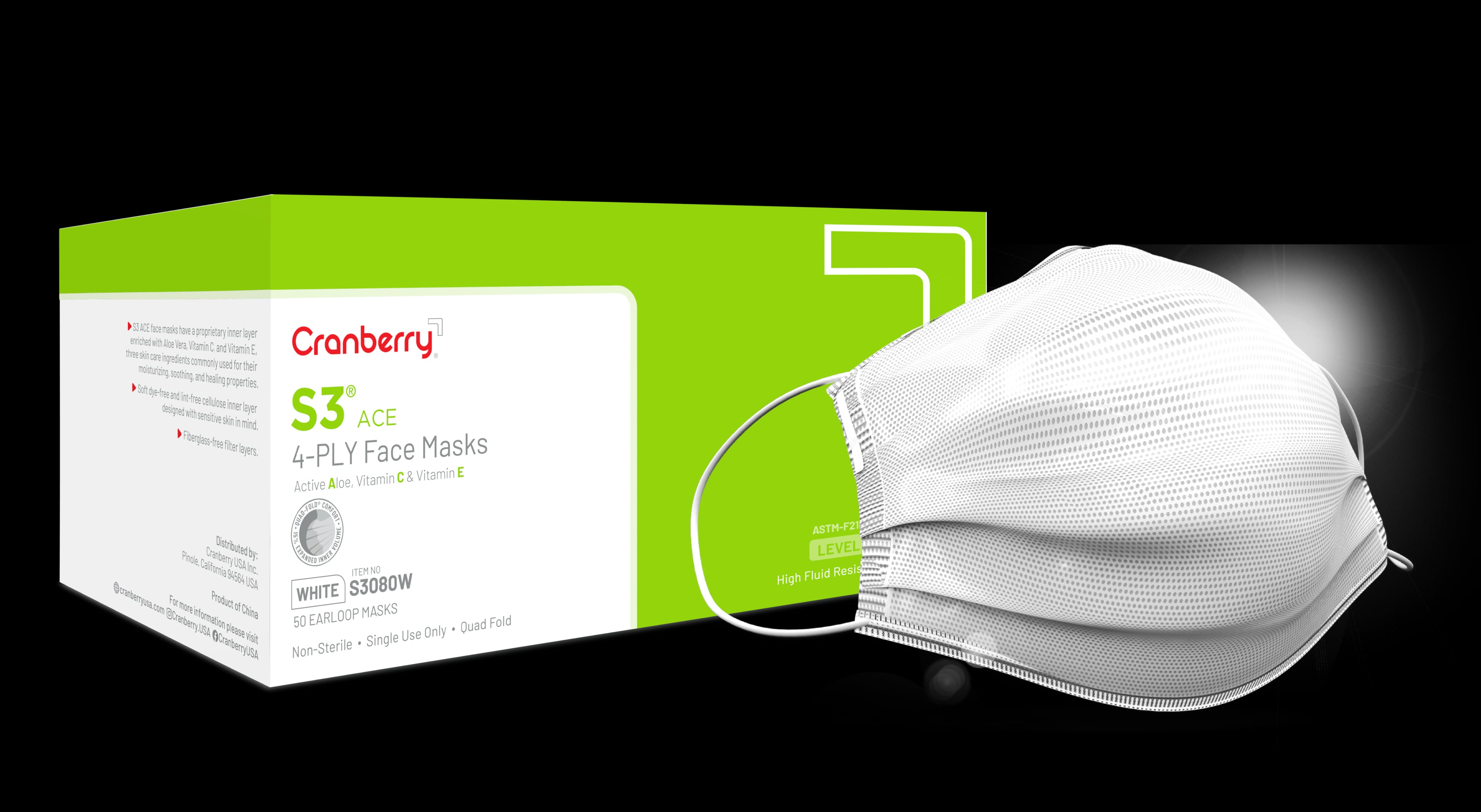 Cranberry S3 ACE Level 3 Earloop Face Mask, White, 50/Box, S3080W