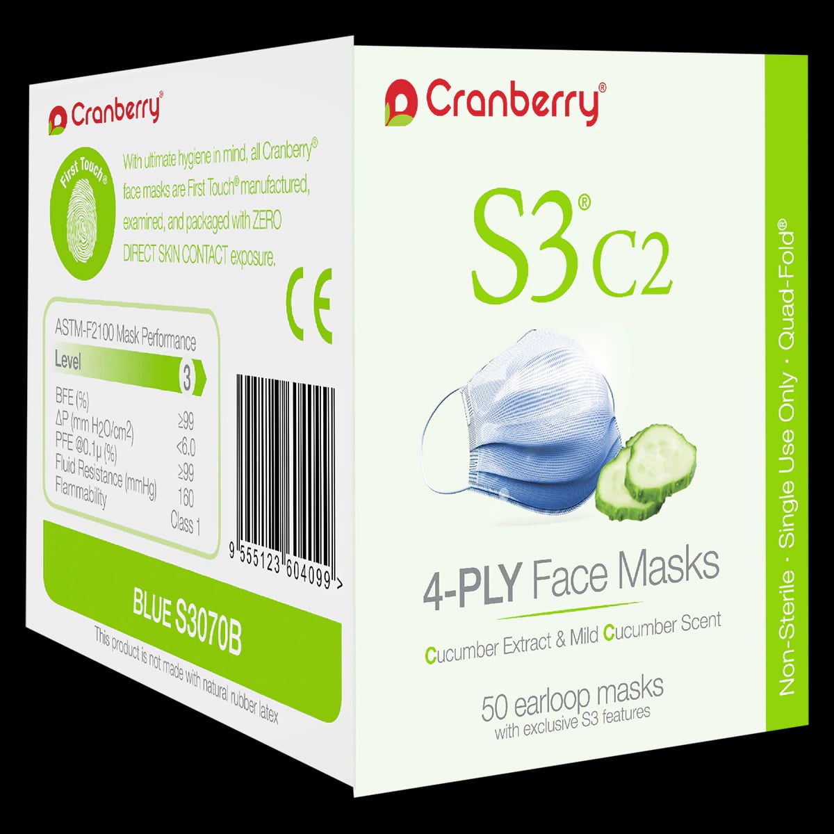 Cranberry S3 C2 Earloop Face Masks, ASTM Level 3, Blue, Cucumber Extract, 50/Box, S3070B