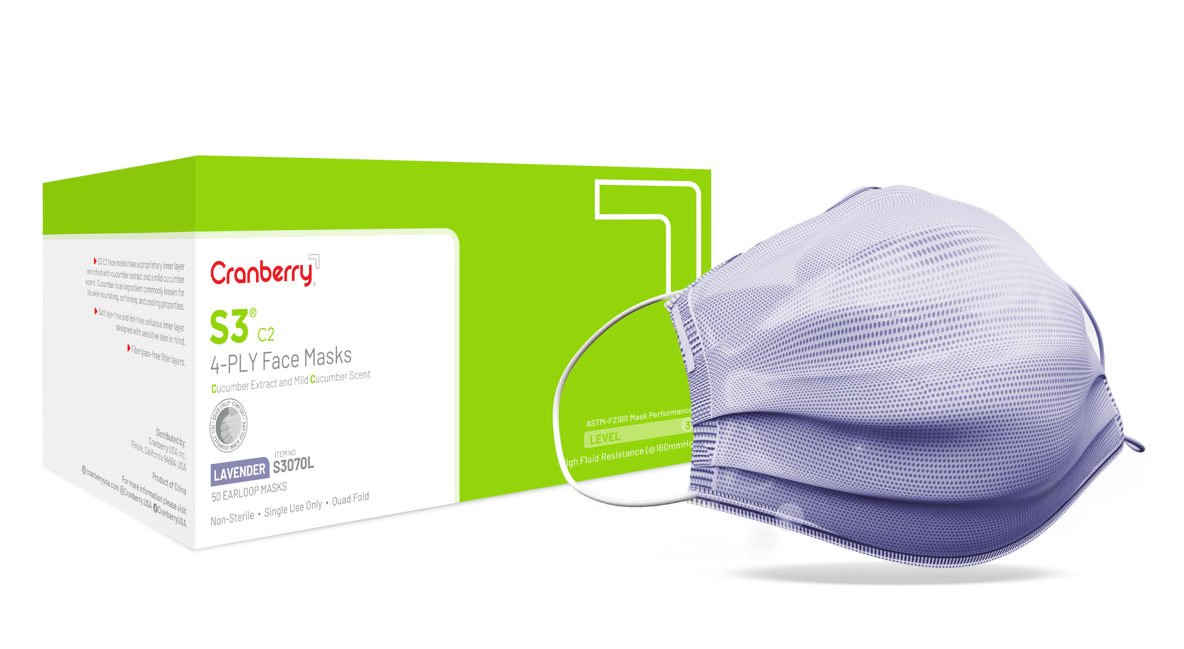 Cranberry S3 C2 Earloop Face Masks, ASTM Level 3, Lavender, Cucumber Extract, 50/Box, S3070L