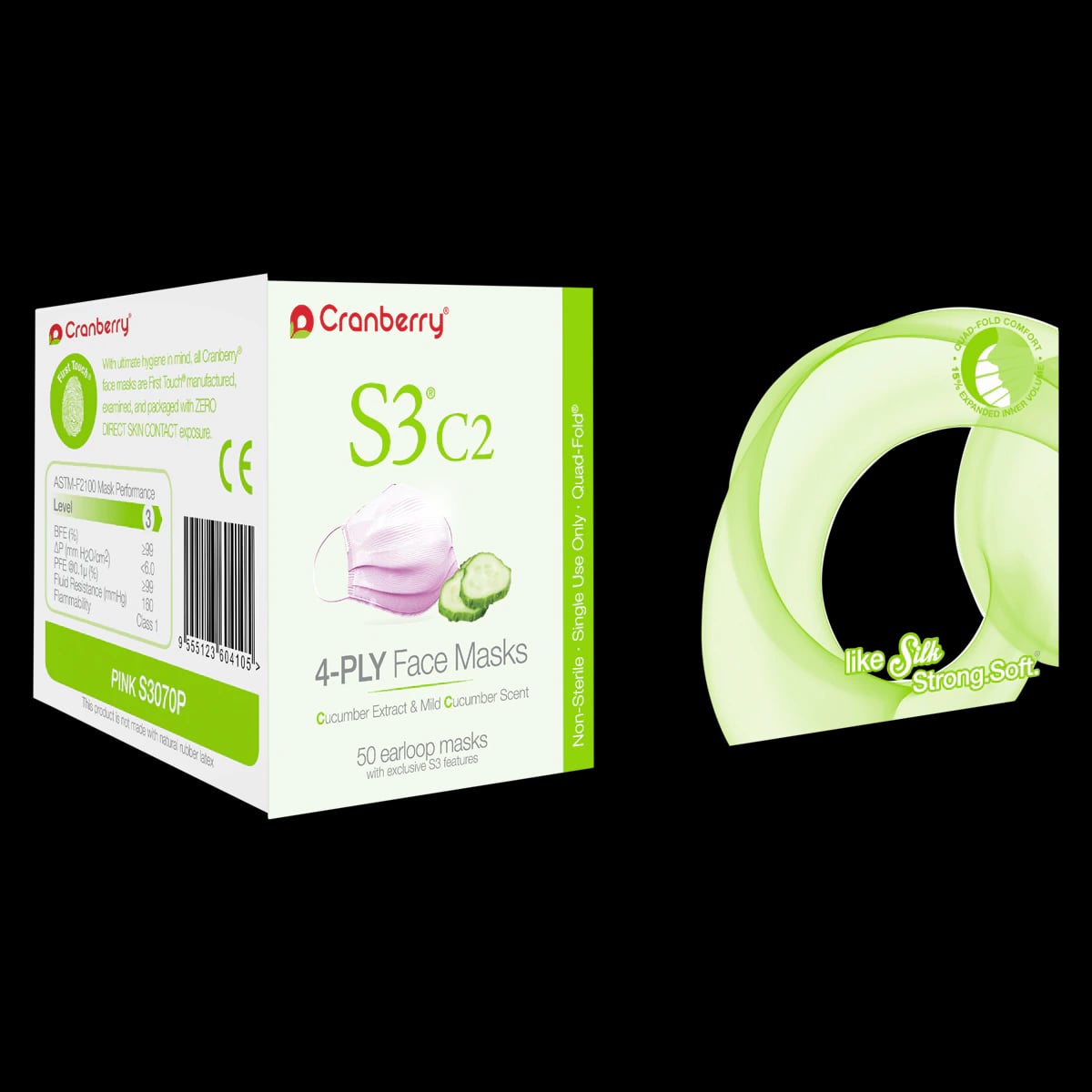 Cranberry S3 C2 Earloop Face Mask, ASTM Level 3, Pink, Cucumber Extract, 50/Box, S3070P