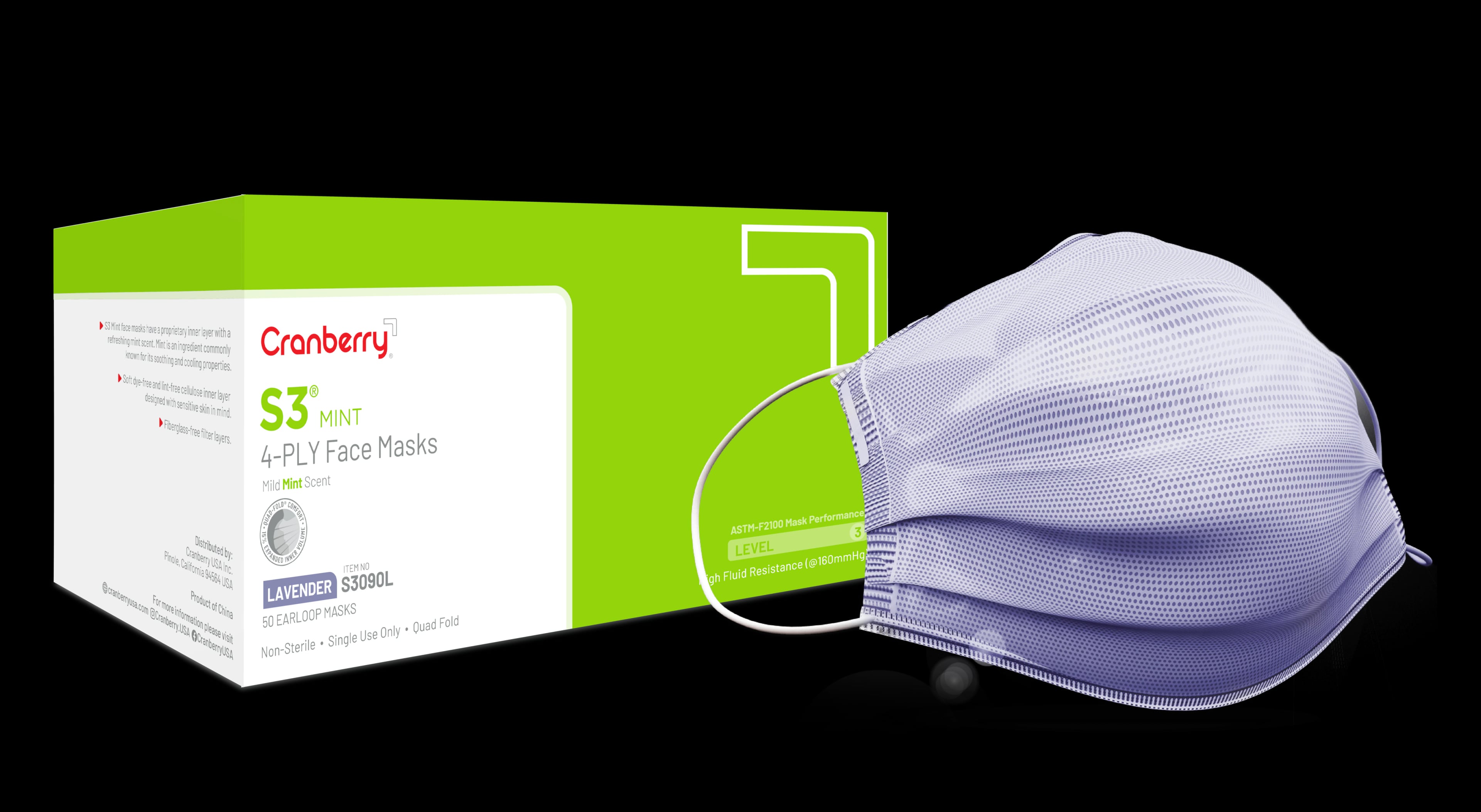 Cranberry S3 Mint Earloop Face Masks, ASTM Level 3, Lavender, 50/Box, S3090L