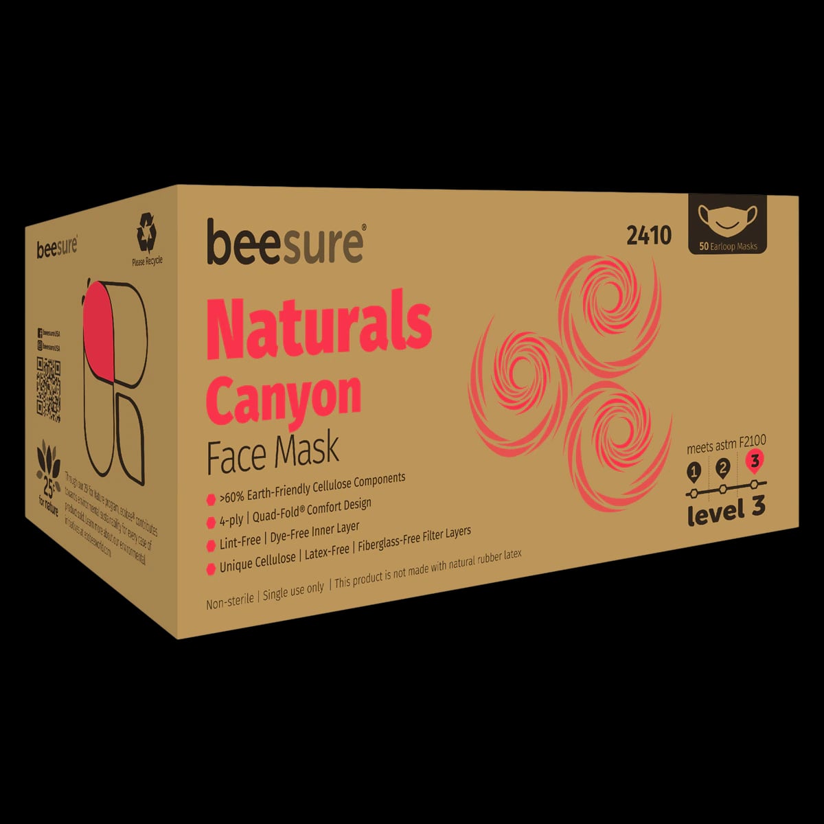 BeeSure Naturals Procedure Face Mask, ASTM Level 3, Canyon Red, Ear Loop, 50/Box, BE2410