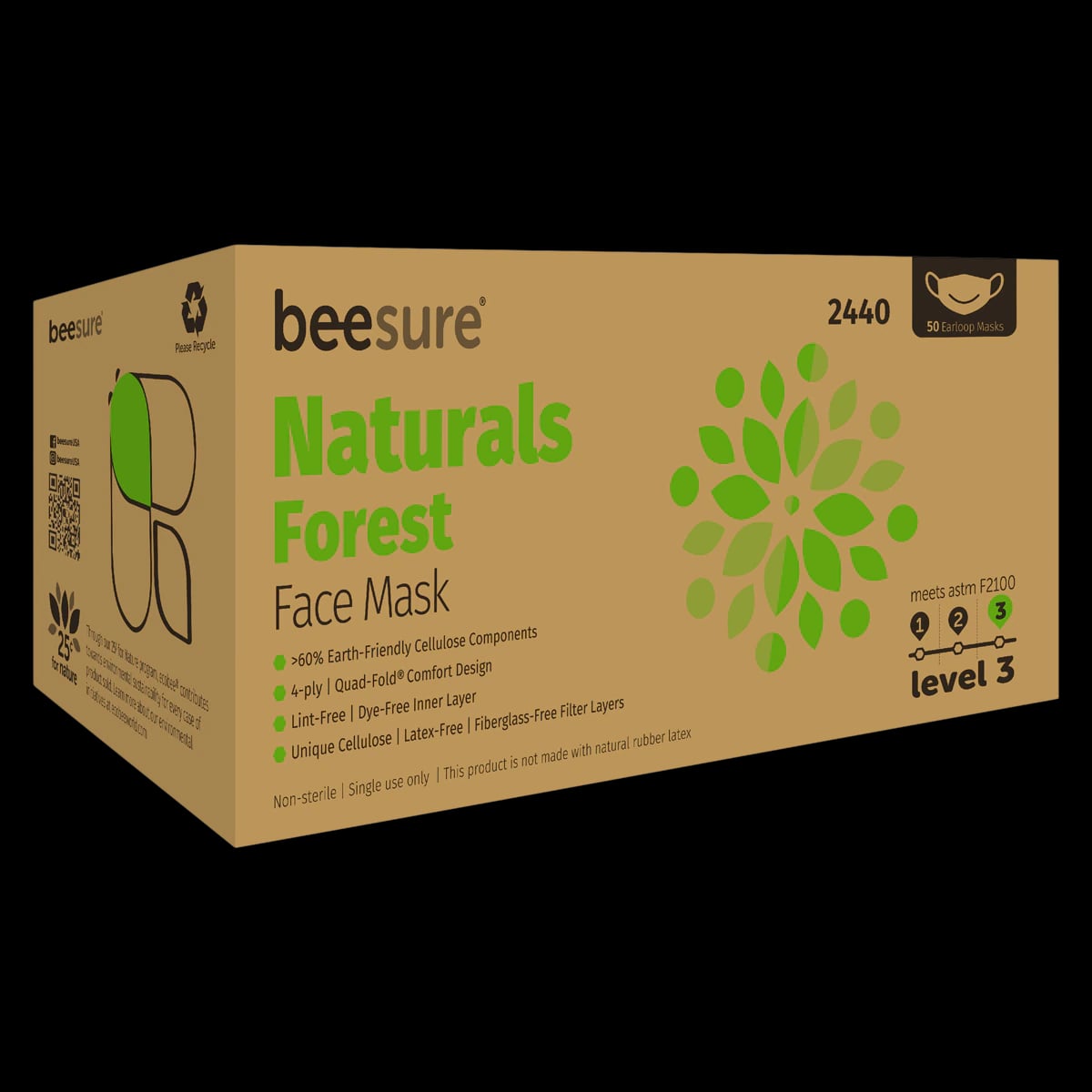 BeeSure Naturals ASTM Level 3 Earloop Face Mask, Forest Green, 50/Box, BE2440