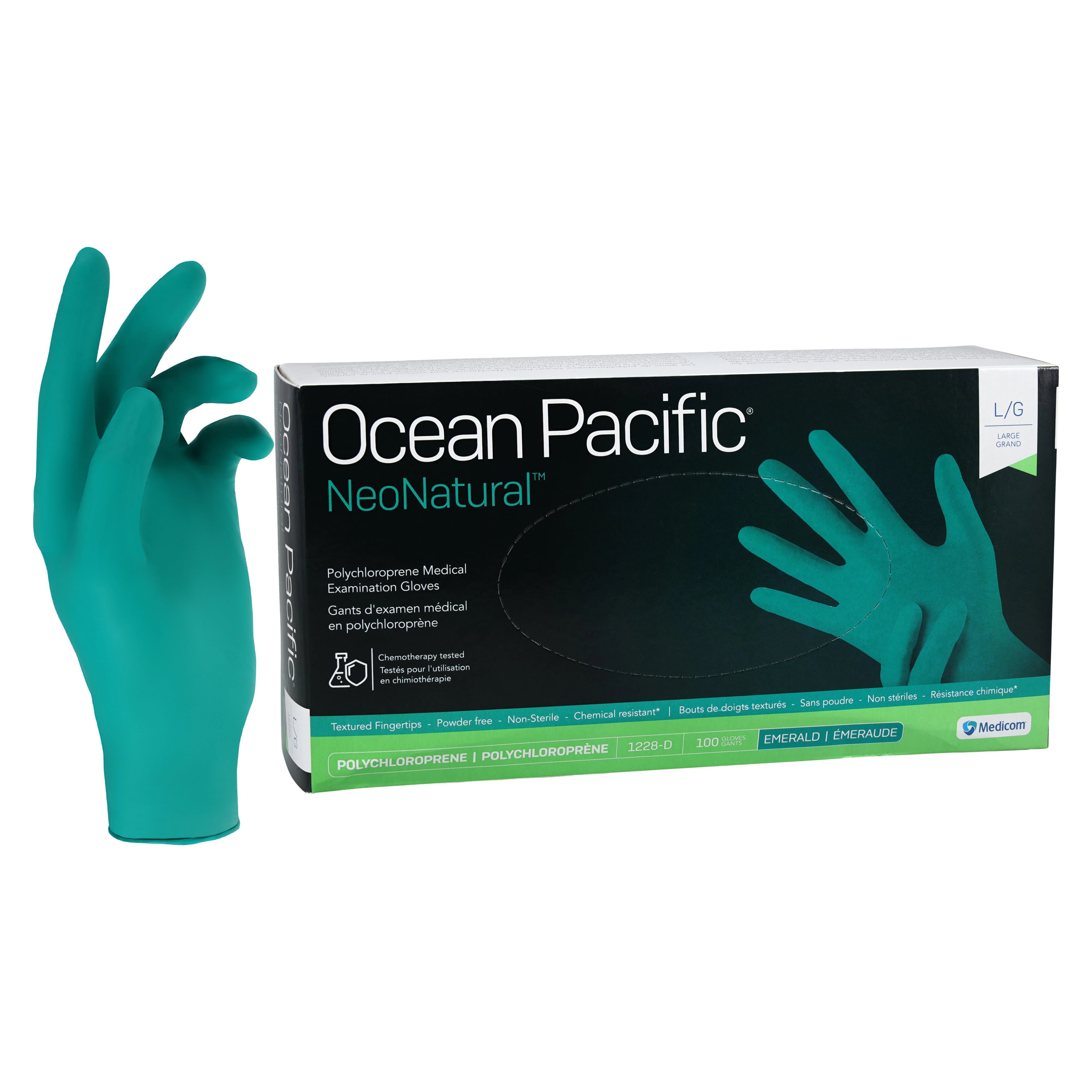 Ocean Pacific® NeoNatural™ Polychloroprene Exam Gloves, Powder Free, Latex Free, Non-Sterile, Chemo Rated, Large, Emerald Green, 100/Box, 1228-D