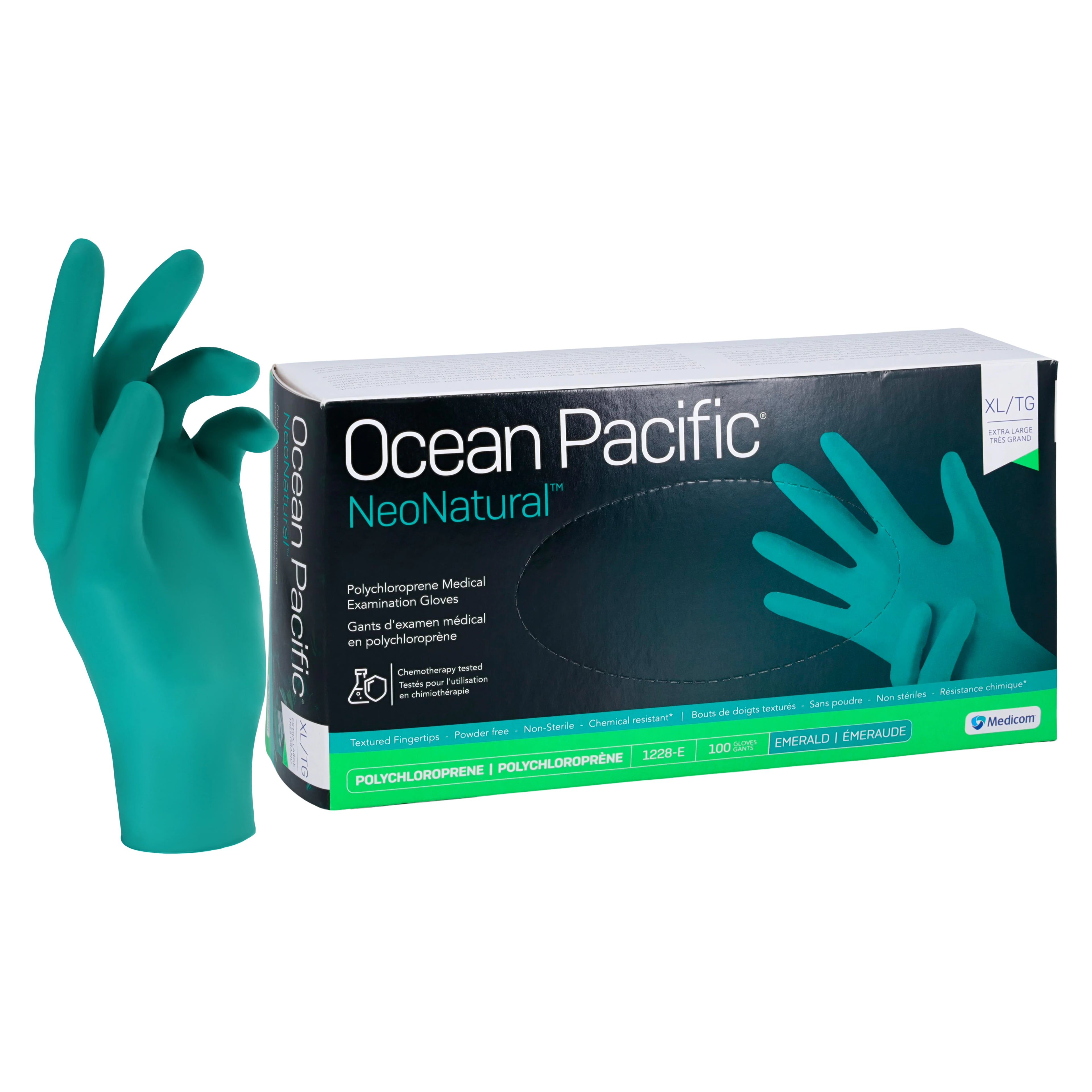 Ocean Pacific® NeoNatural™ Polychloroprene Exam Gloves, Powder Free, Latex Free, Non-Sterile, Extra Large, Emerald Green, Textured Fingertips, 100/Box, 1228-E