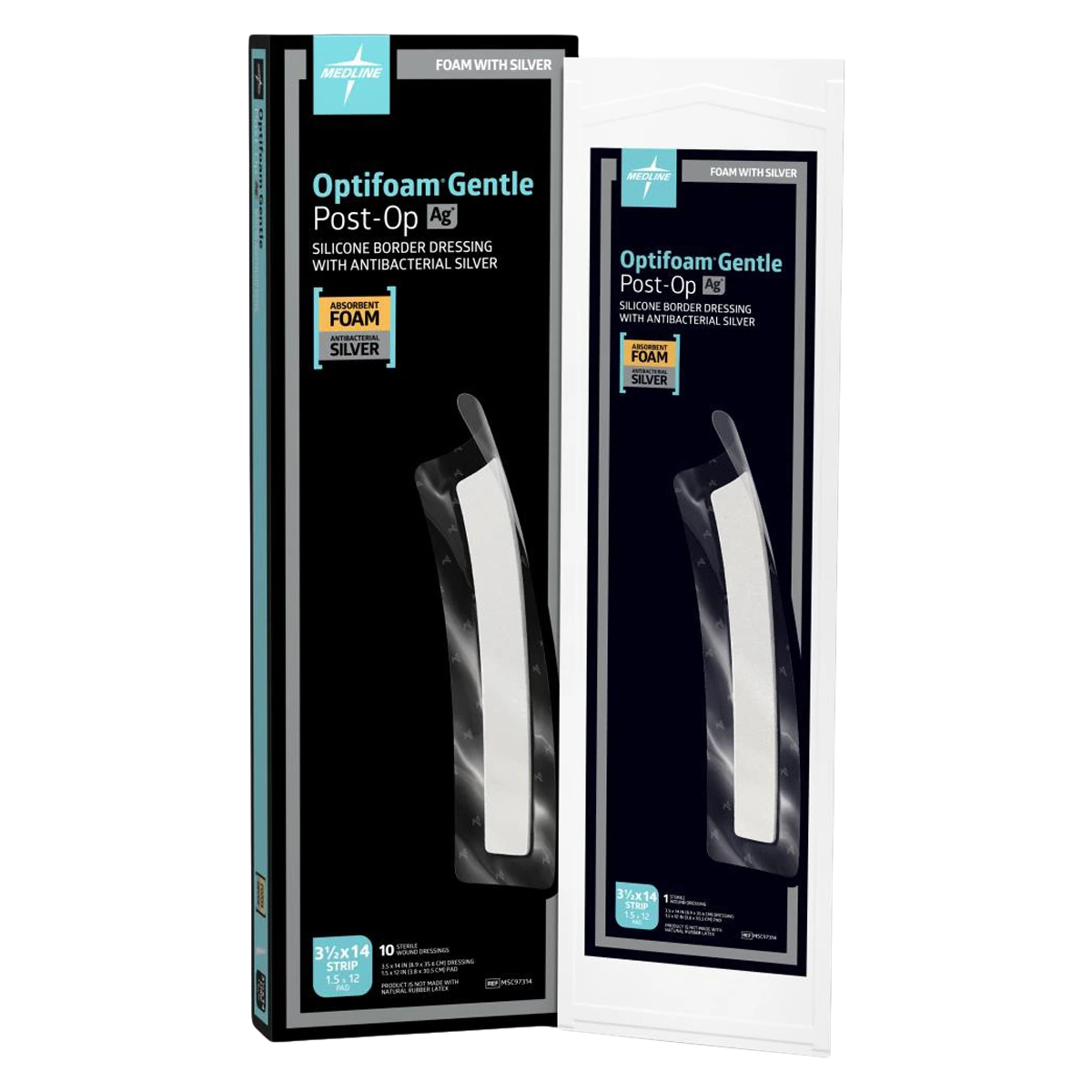 Medline Optifoam Gentle AG+ Silver/Foam Post-Op Dressing, 3.5" x 14" Strip, Silicone Adhesive