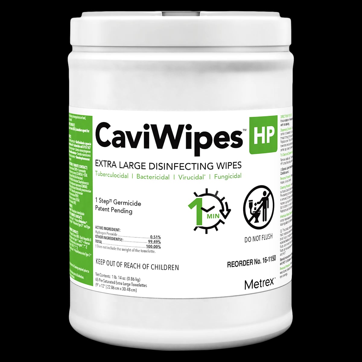 CaviWipes HP XL Disinfectant Towelettes, 9" x 12", 65/Canister, 16-1150
