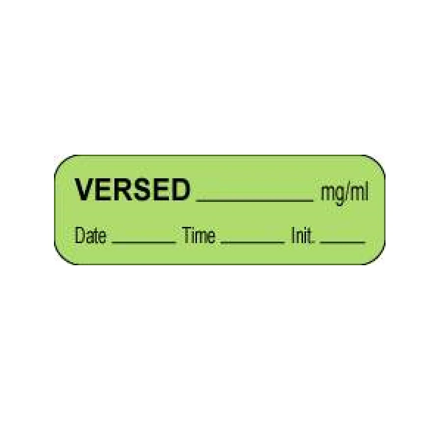 Precision Dynamics Anesthesia Label, DTI Versed mg/ml, Green, 1-1/2" x 1/2", 1000/Roll