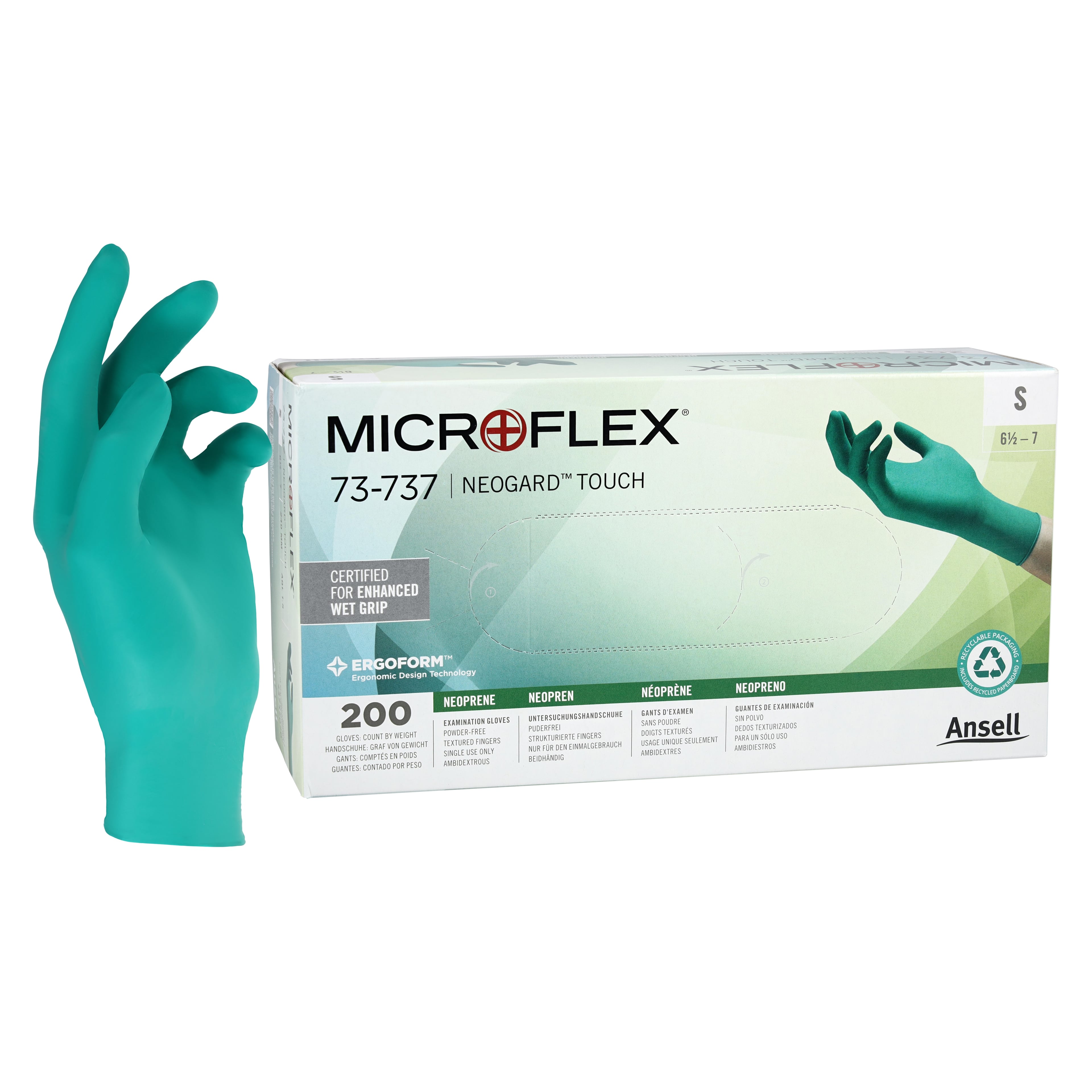 MicroFlex Neogard Touch 73-737 Neoprene Exam Gloves, Powder Free, Latex Free, Textured, Small, Green, 200/Box, 73737070