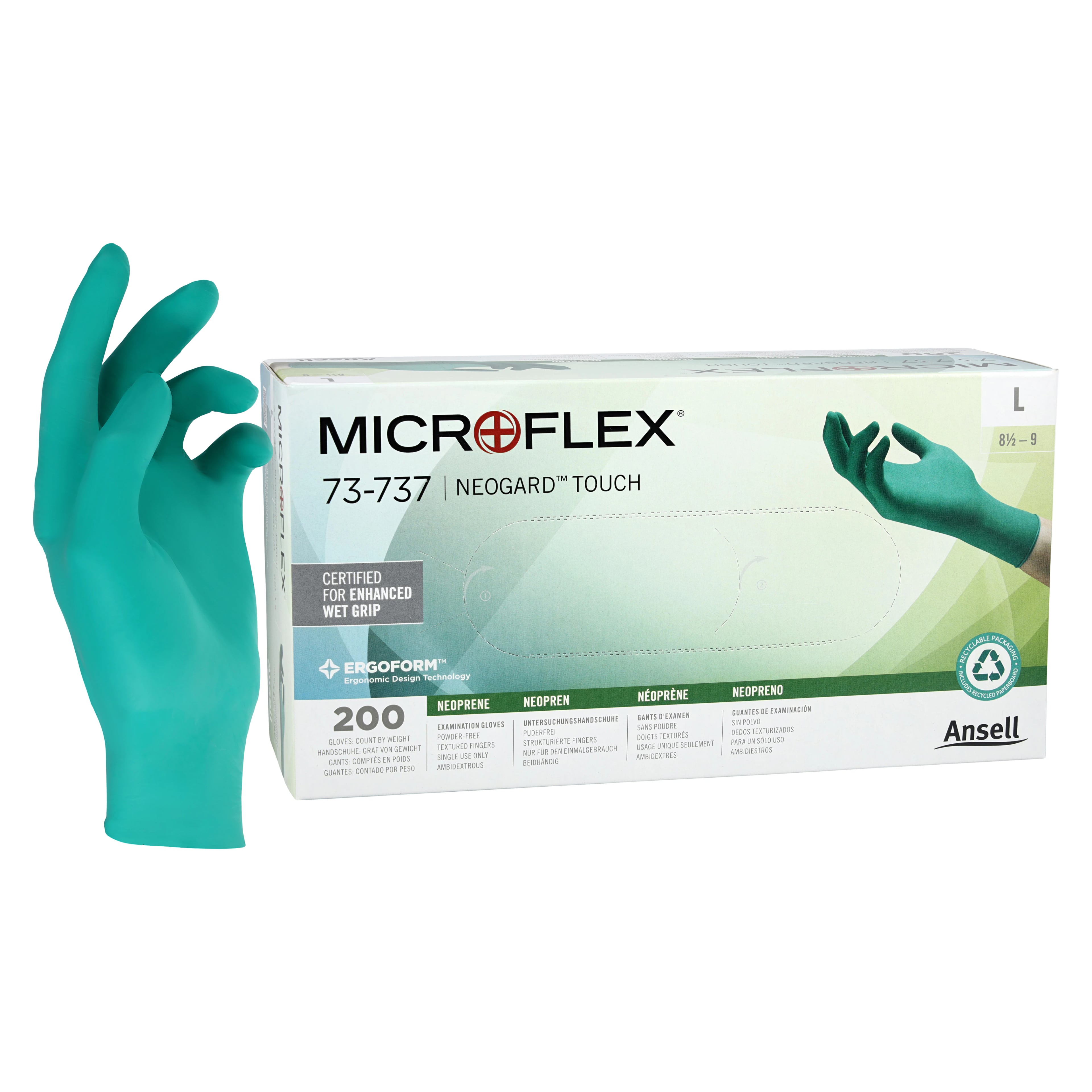 Microflex Neogard Touch 73-737 Neoprene Exam Gloves, Powder-Free, Latex-Free, Green, Large, 200/Box