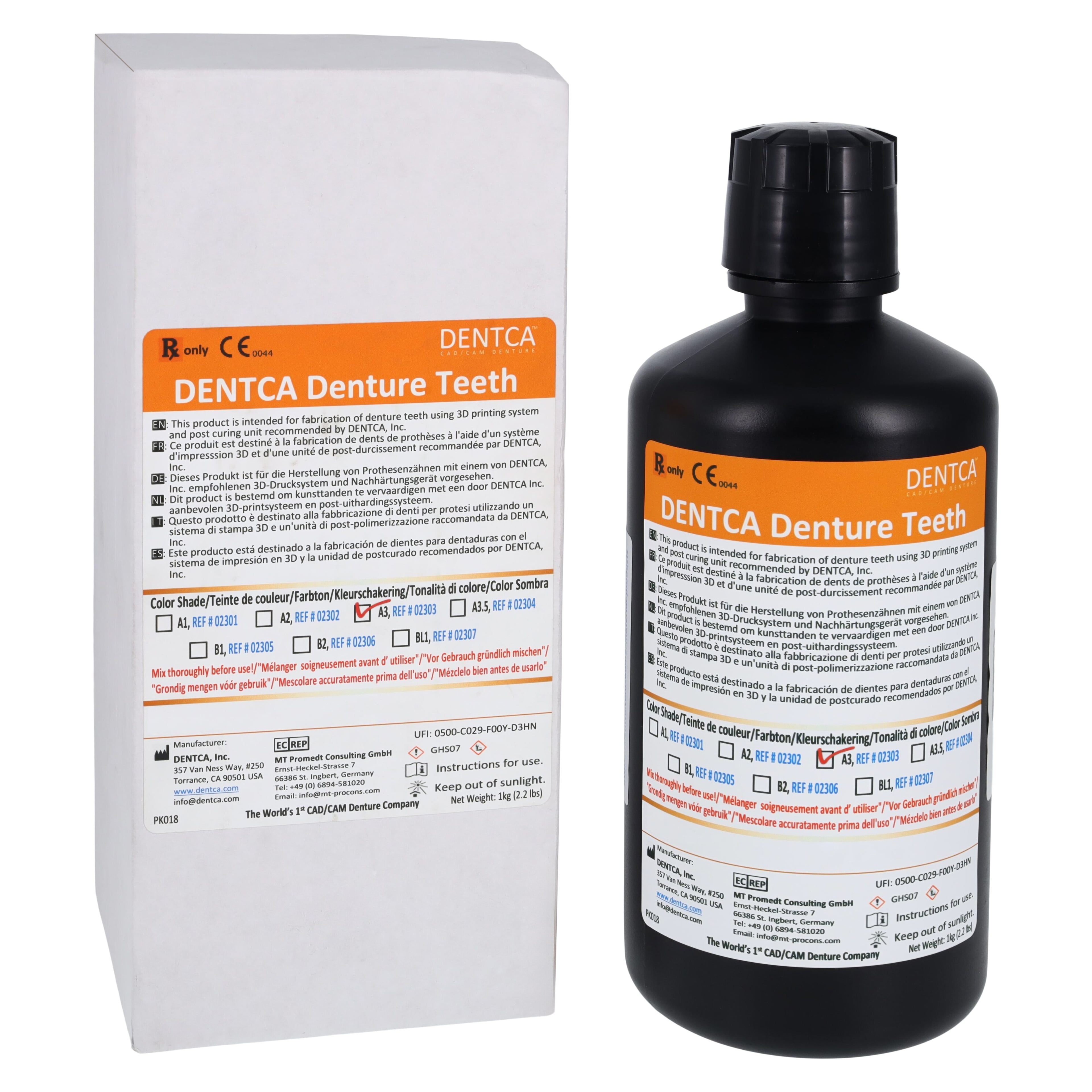 Dentca Denture Teeth 3D Print Resin, A3 Shade, 1 kg Bottle