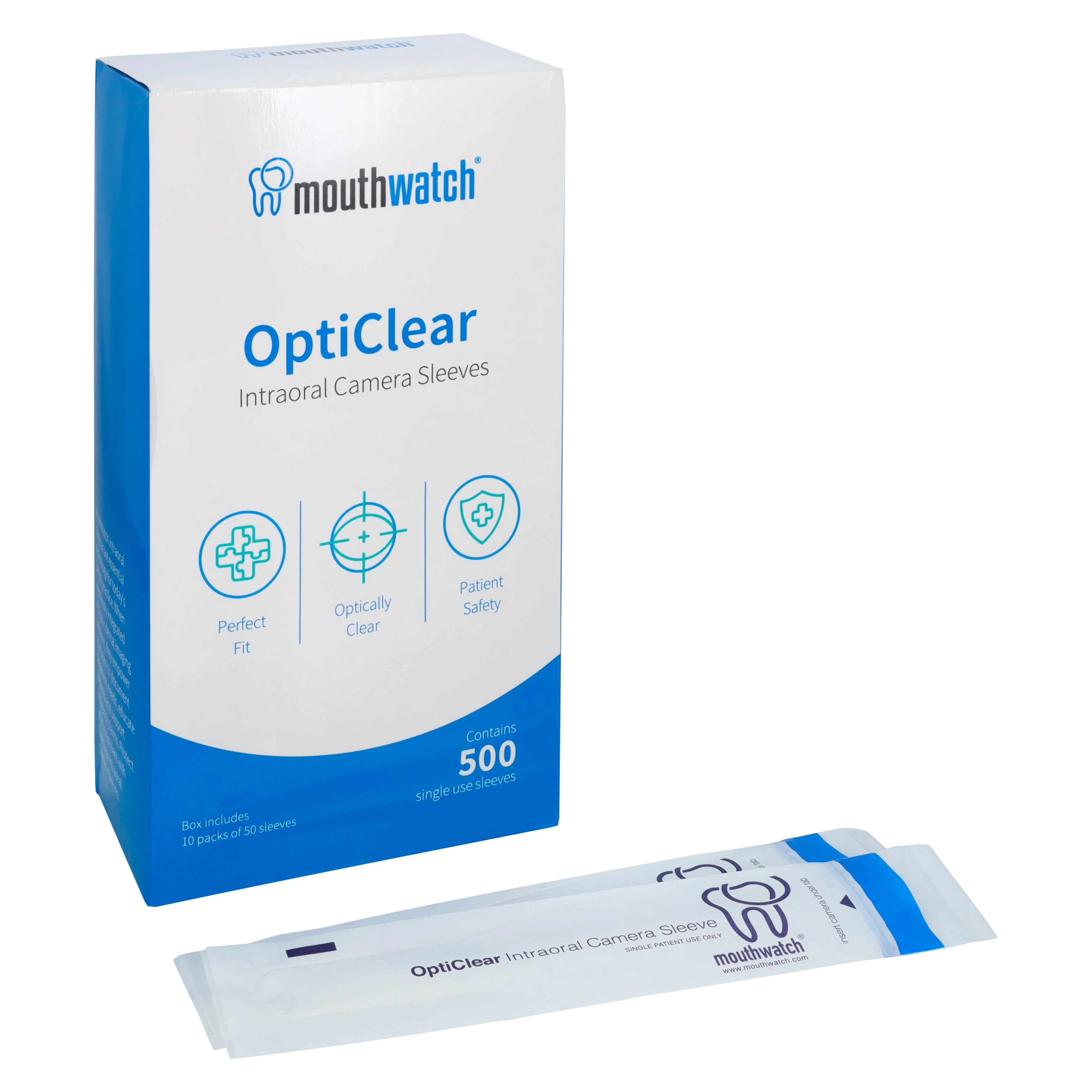 MouthWatch OptiClear Intraoral Camera Sleeves, Single-Use, Individually Wrapped, 500/Pack