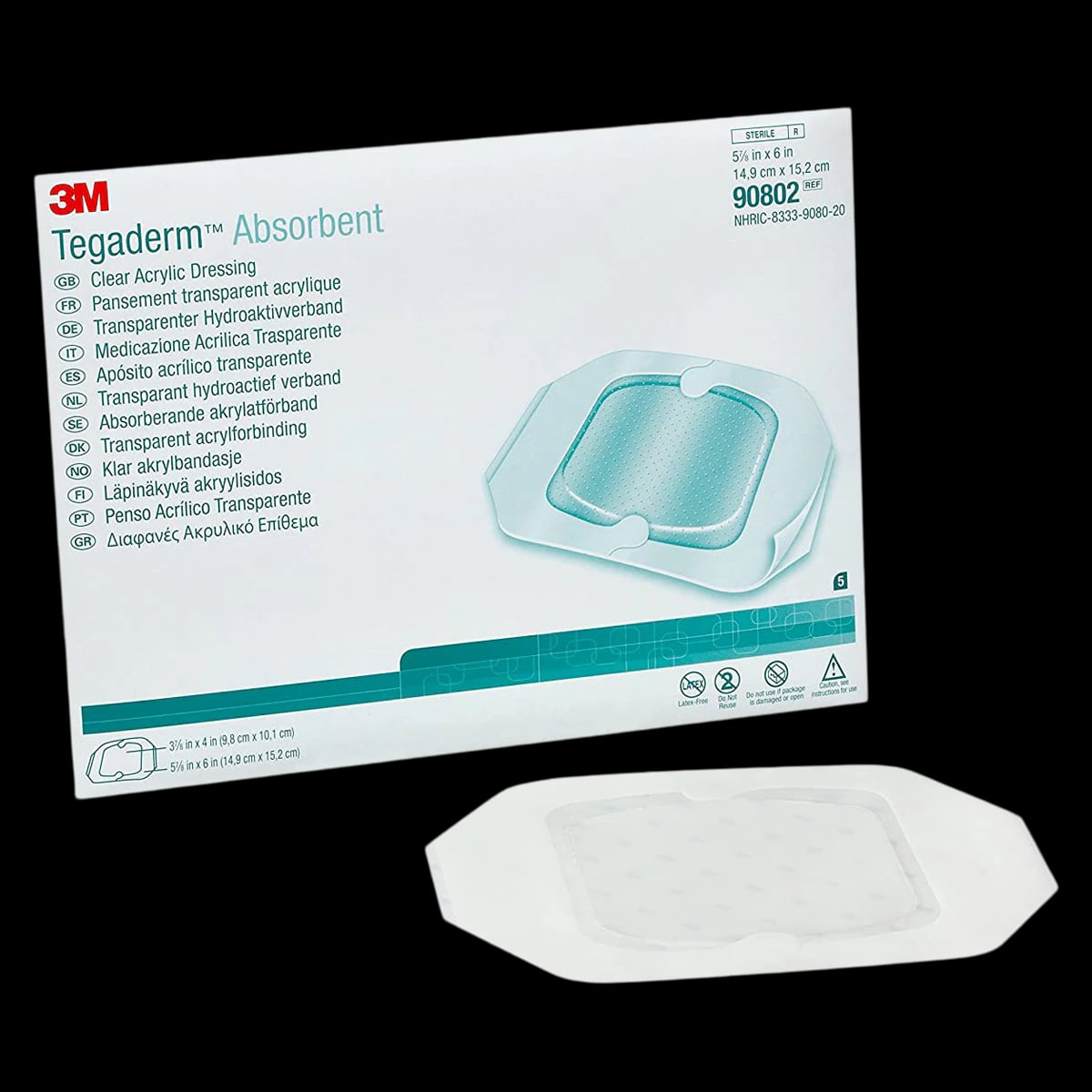 3M Tegaderm Absorbent Clear Acrylic Dressing, 5-7/8" x 6", Sterile, Square, Latex-Free
