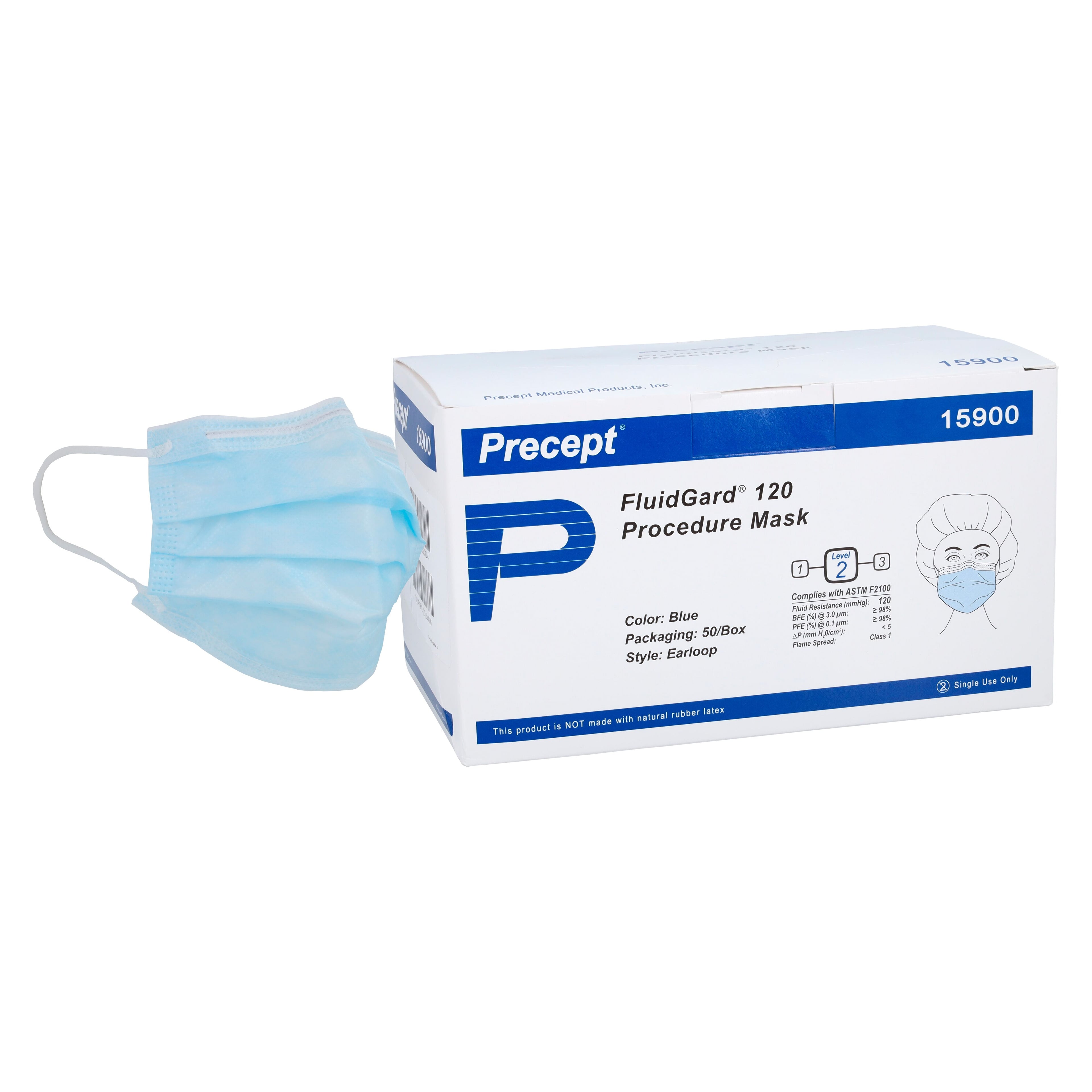 Precept Medical Procedure Mask, ASTM F2100 Level 2, Blue, 50/Box