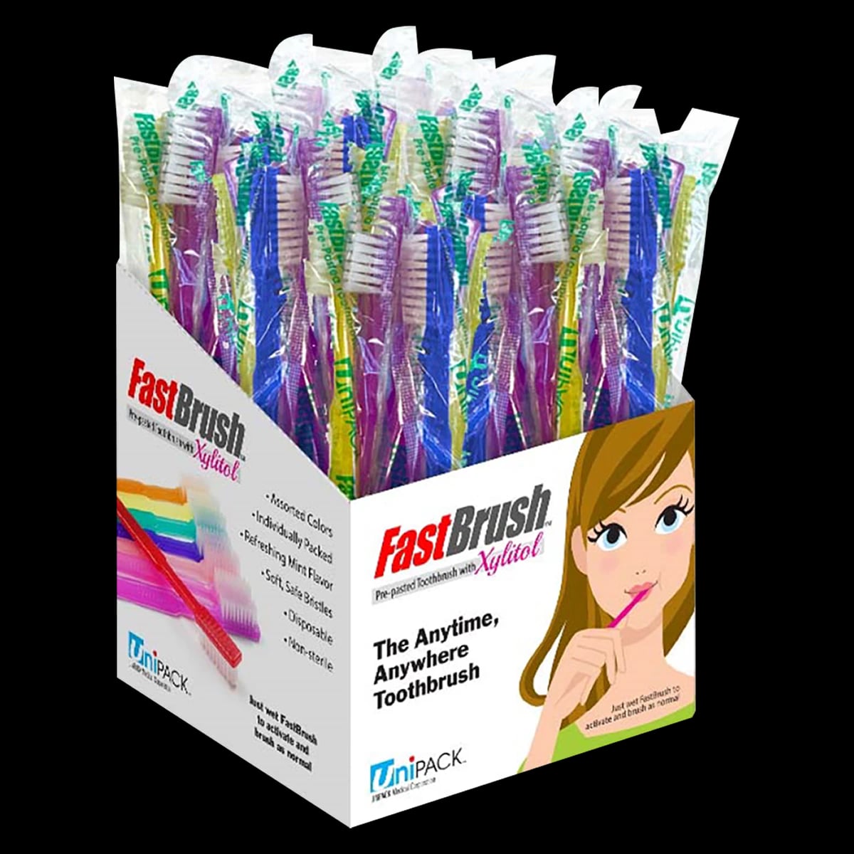 Dukal UniPACK Fast Brush Pre-Pasted Disposable Toothbrushes, Xylitol, Soft Bristles, Assorted Colors, 100/Box, UDA-4001