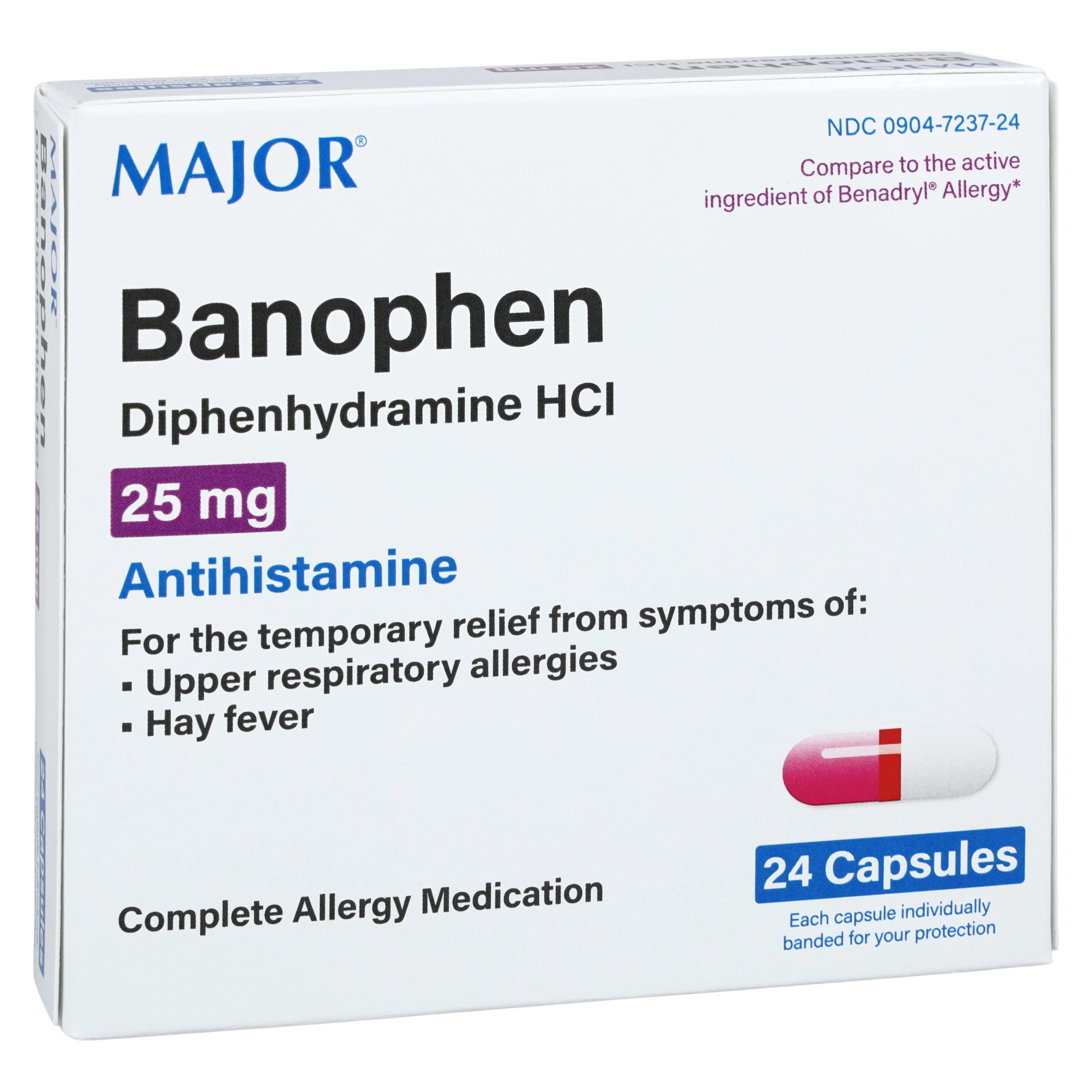Diphenhydramine HCl Capsules, 25mg, Unit Dose, 24/Pk, Major Pharmaceuticals