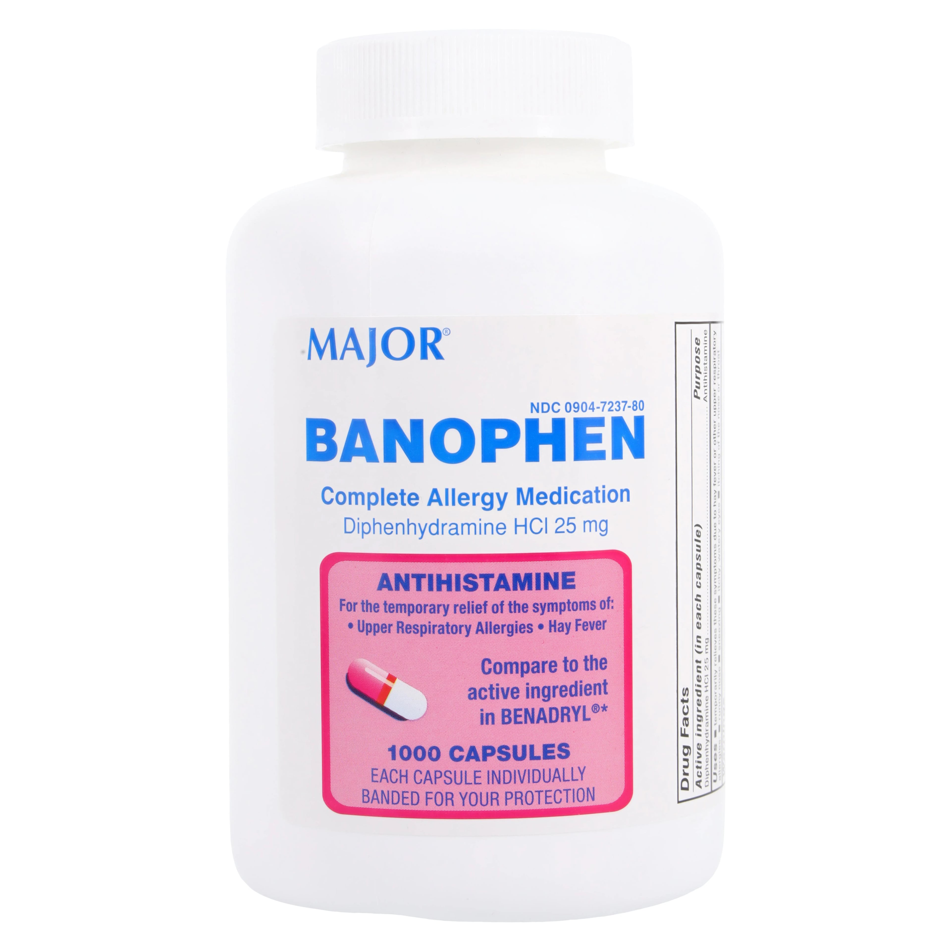 Diphenhydramine HCl Capsules, 25mg, 1000/Bottle
