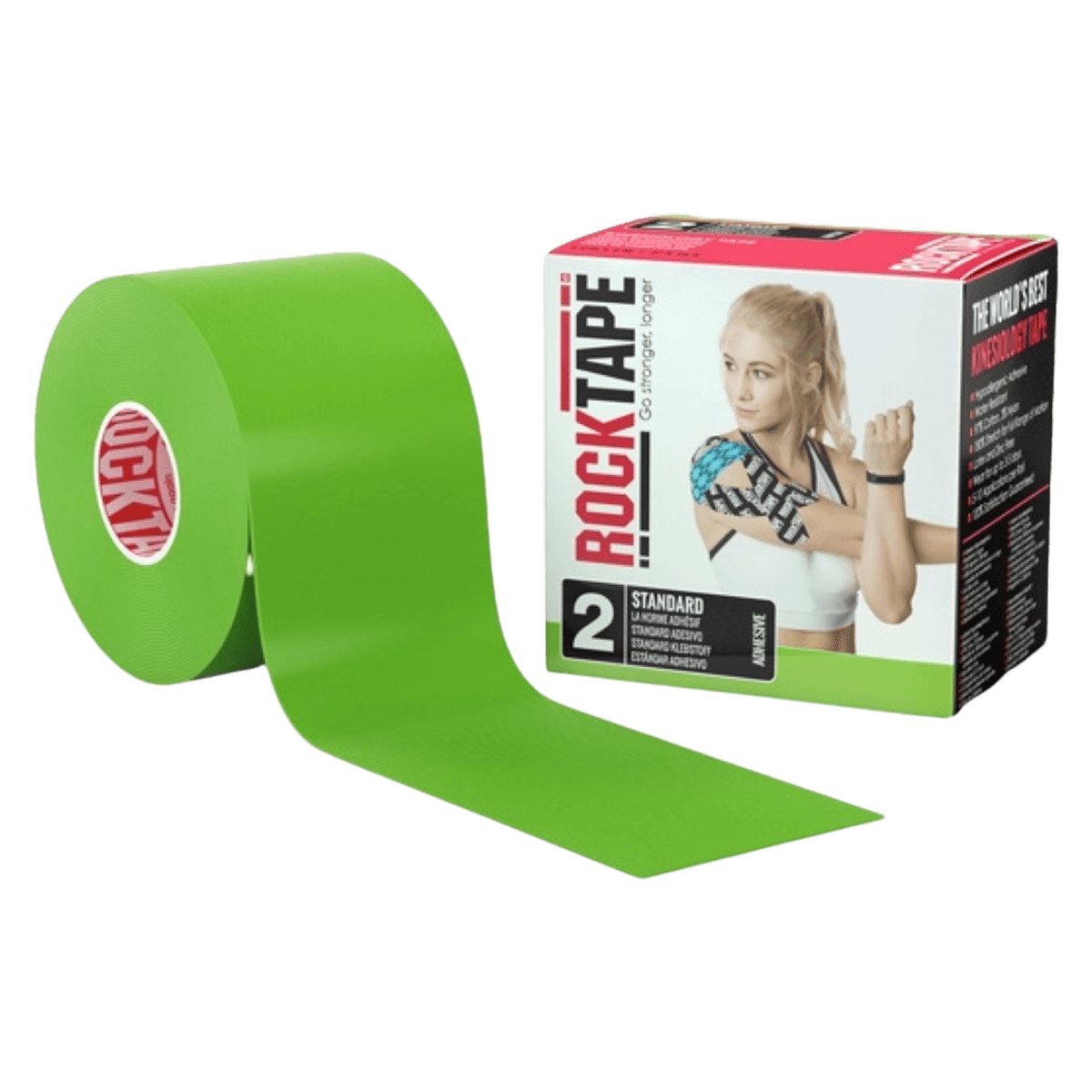 RockTape Kinesiology Tape, 2" x 16.4', Lime Green, 97% Cotton/3% Nylon, Latex-Free, Each