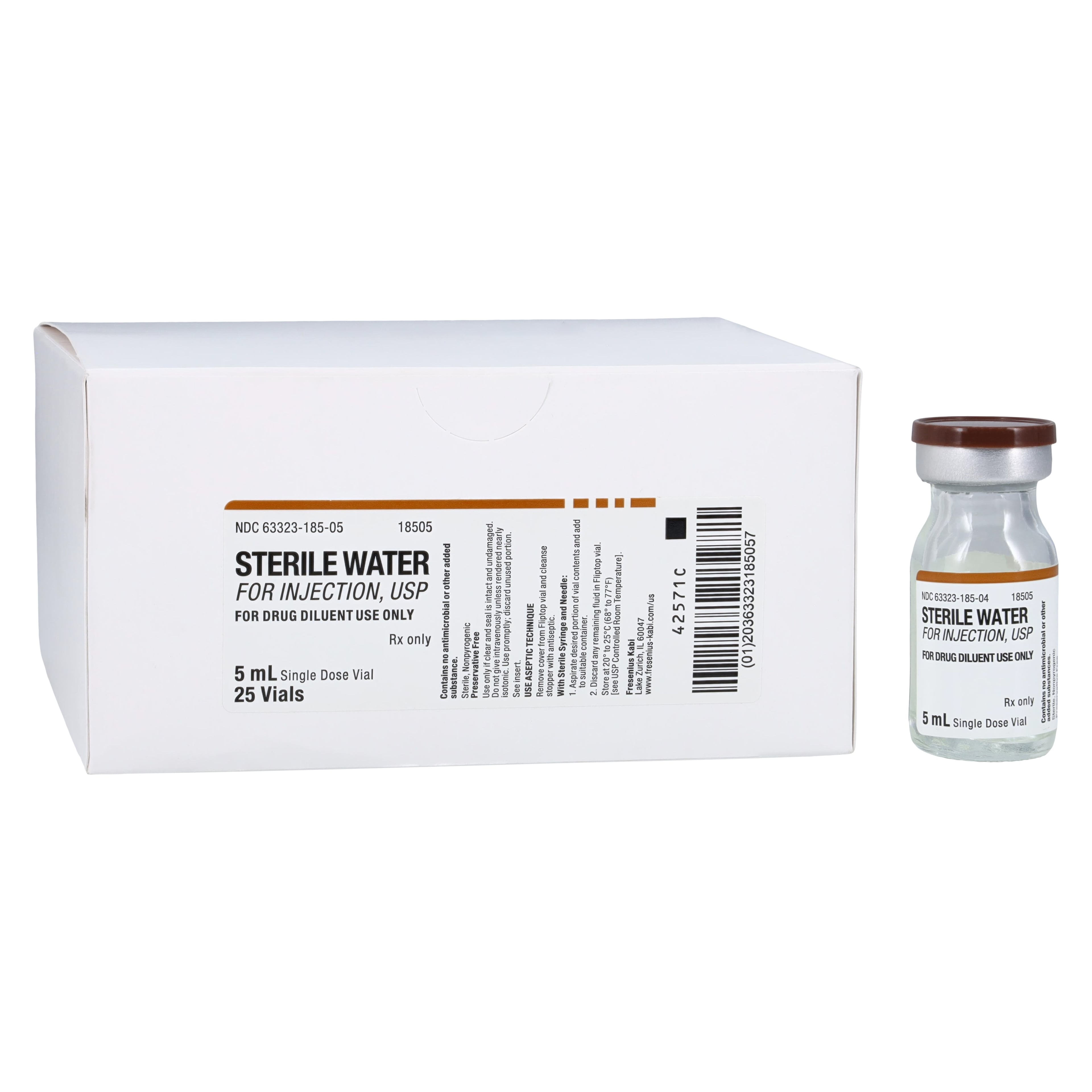 Water for Injection, Sterile, Single Dose Vial (SDV), 5mL, 25/Box
