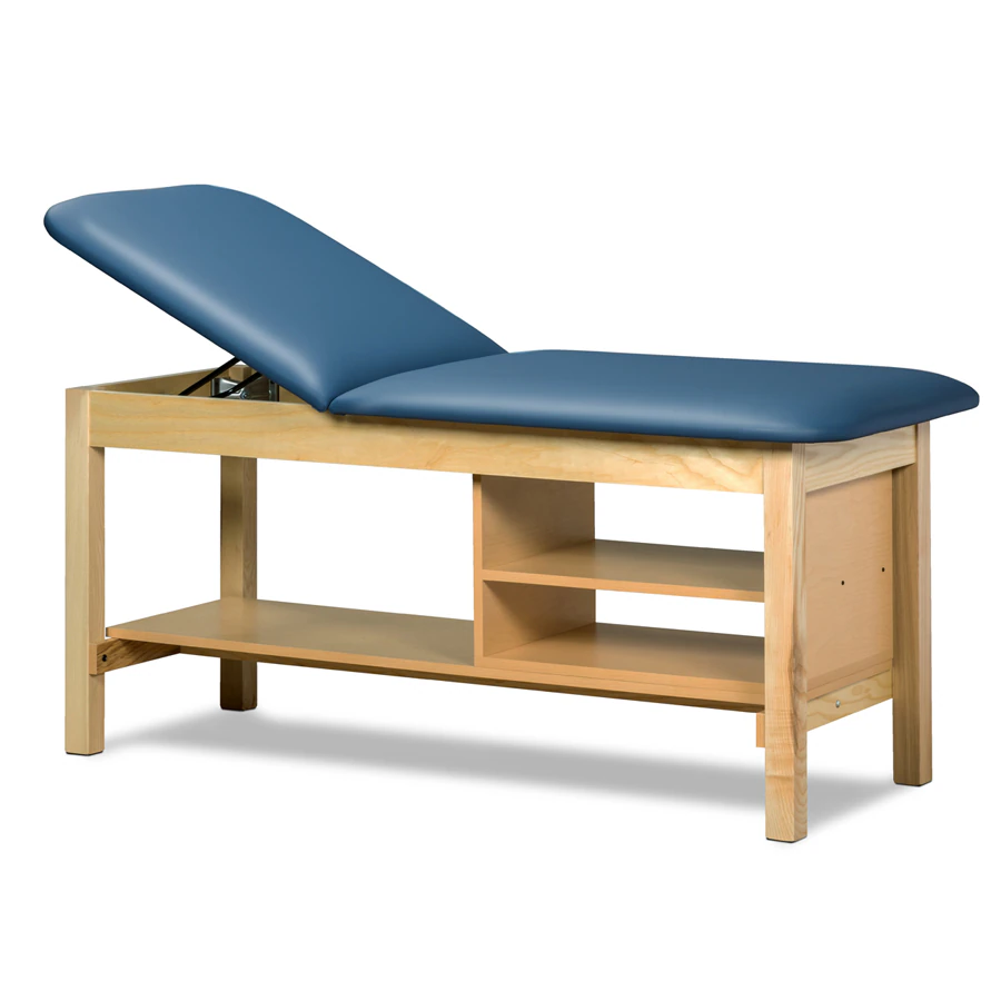 Clinton Industries Classic Series Straight Line Treatment Table with Shelving, Natural/Royal Blue, 400 lb Capacity