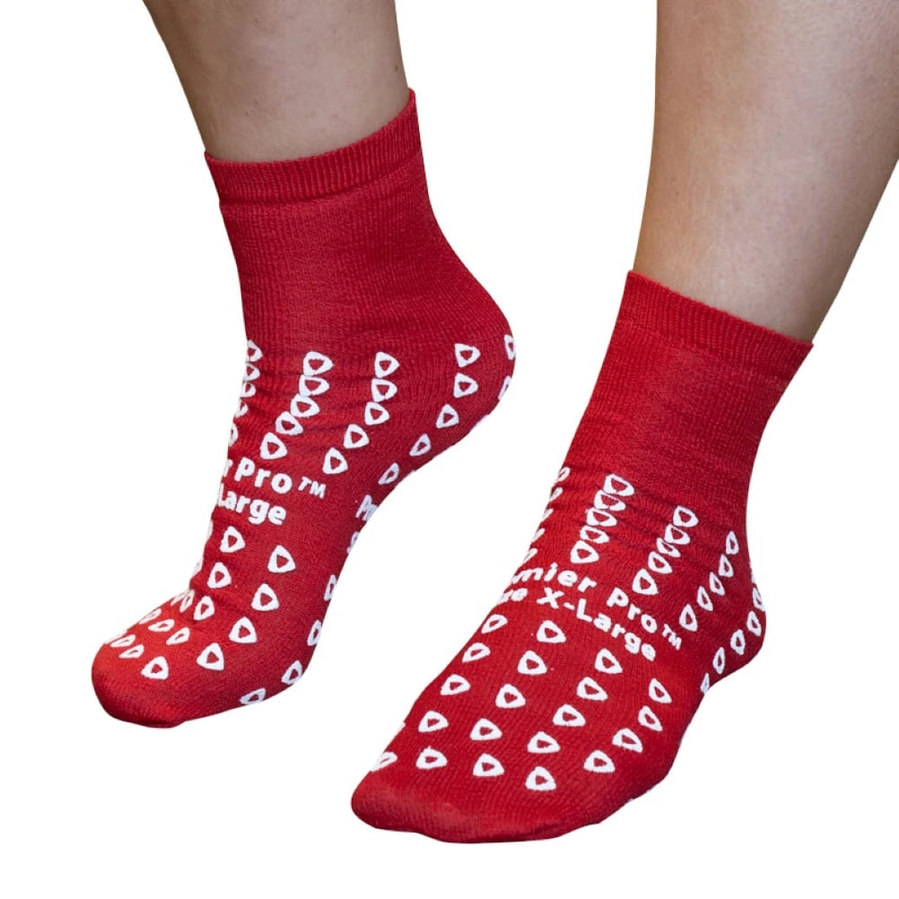 PremierPro Slipper Socks, Polyester Blend, Adult, Red, Medium, Reusable, 48/Case